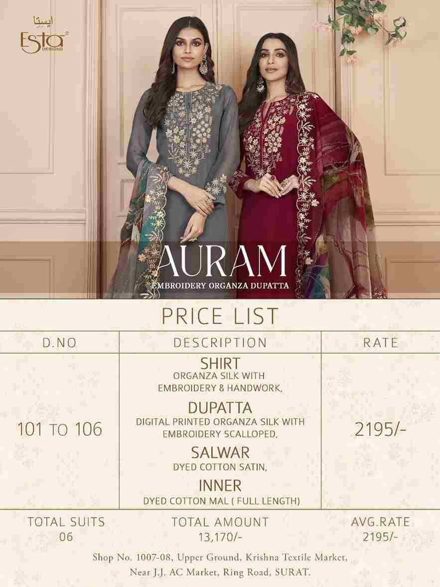 Auram By Esta Designs 101 To 106 Series Beautiful Festive Suits Colorful Stylish Fancy Casual Wear & Ethnic Wear Organza Silk Dresses At Wholesale Price