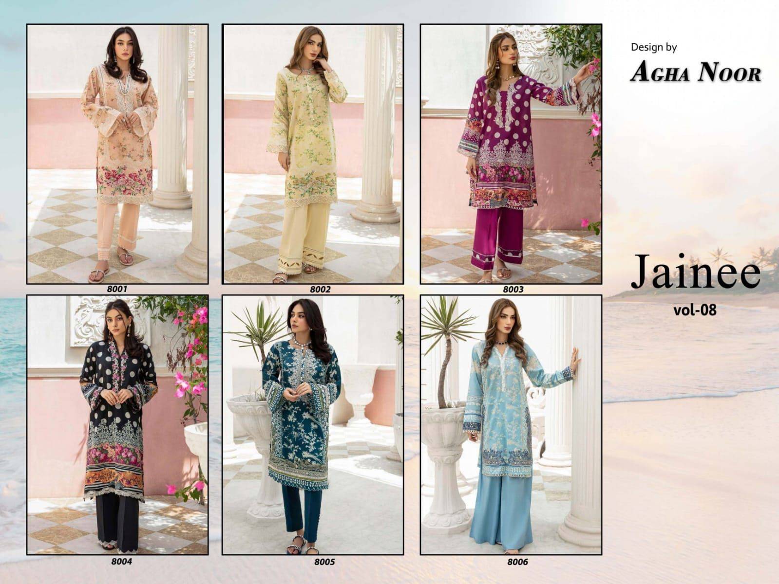 Jainee Vol-8 By Agha Noor 8001 To 8006 Series Beautiful Festive Suits Stylish Fancy Colorful Casual Wear & Ethnic Wear Lawn Cotton Print Dresses At Wholesale Price