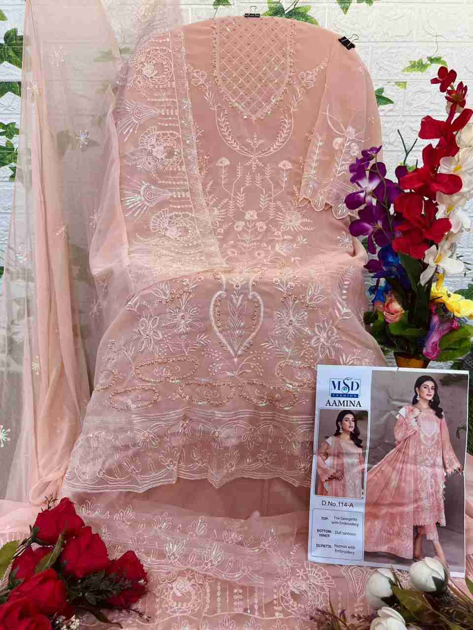 Aamina By MSD Fashion 114-A To 114-D Series Beautiful Pakistani Suits Colorful Stylish Fancy Casual Wear & Ethnic Wear Faux Georgette Embroidered Dresses At Wholesale Price