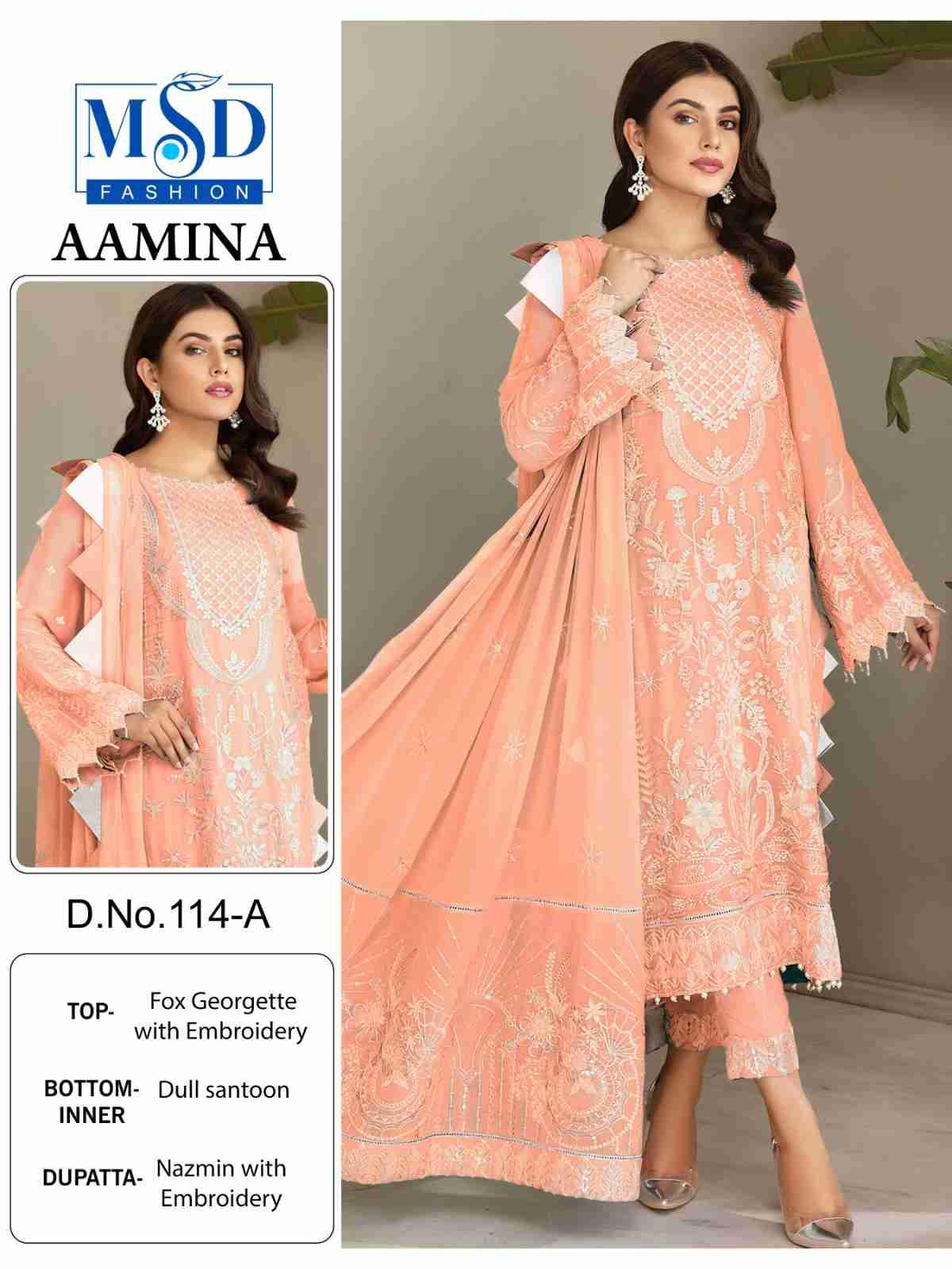 Aamina By MSD Fashion 114-A To 114-D Series Beautiful Pakistani Suits Colorful Stylish Fancy Casual Wear & Ethnic Wear Faux Georgette Embroidered Dresses At Wholesale Price