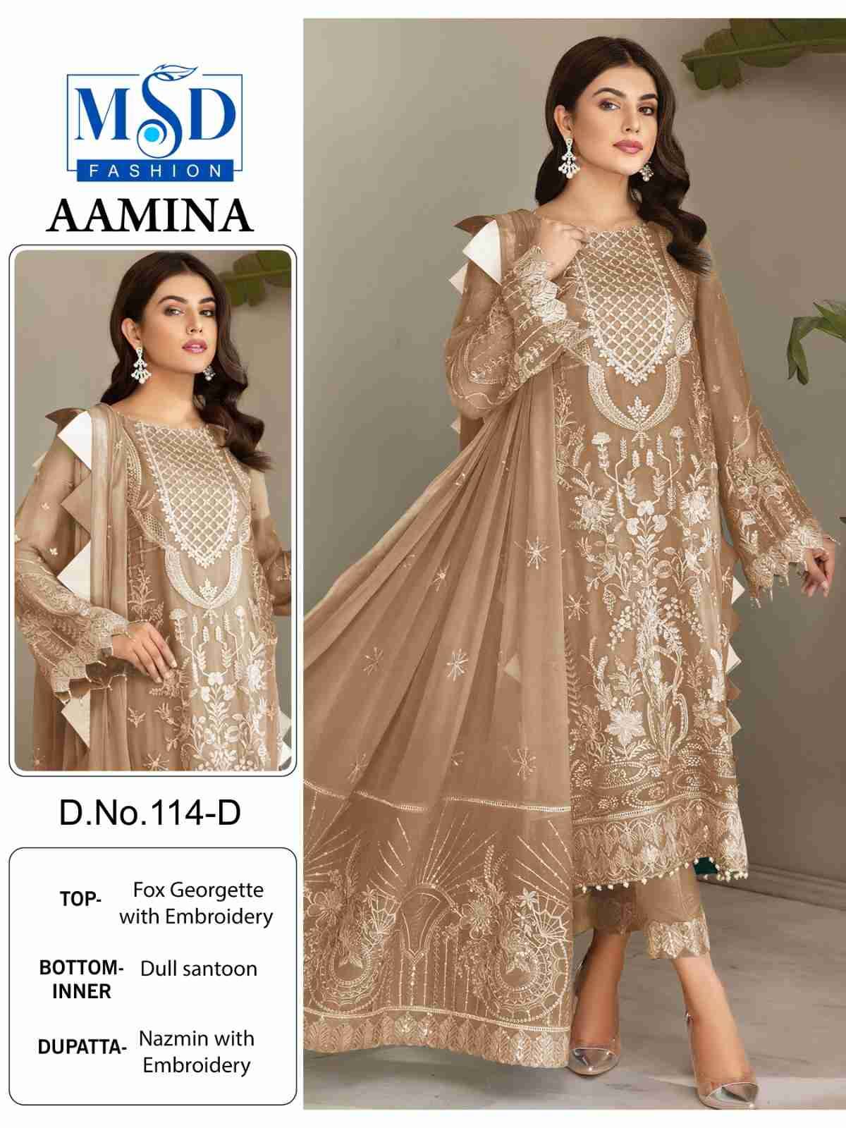 Aamina By MSD Fashion 114-A To 114-D Series Beautiful Pakistani Suits Colorful Stylish Fancy Casual Wear & Ethnic Wear Faux Georgette Embroidered Dresses At Wholesale Price