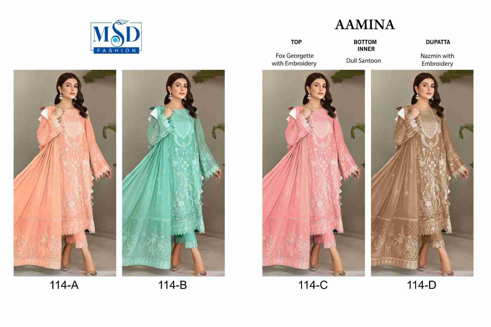 Aamina By MSD Fashion 114-A To 114-D Series Beautiful Pakistani Suits Colorful Stylish Fancy Casual Wear & Ethnic Wear Faux Georgette Embroidered Dresses At Wholesale Price