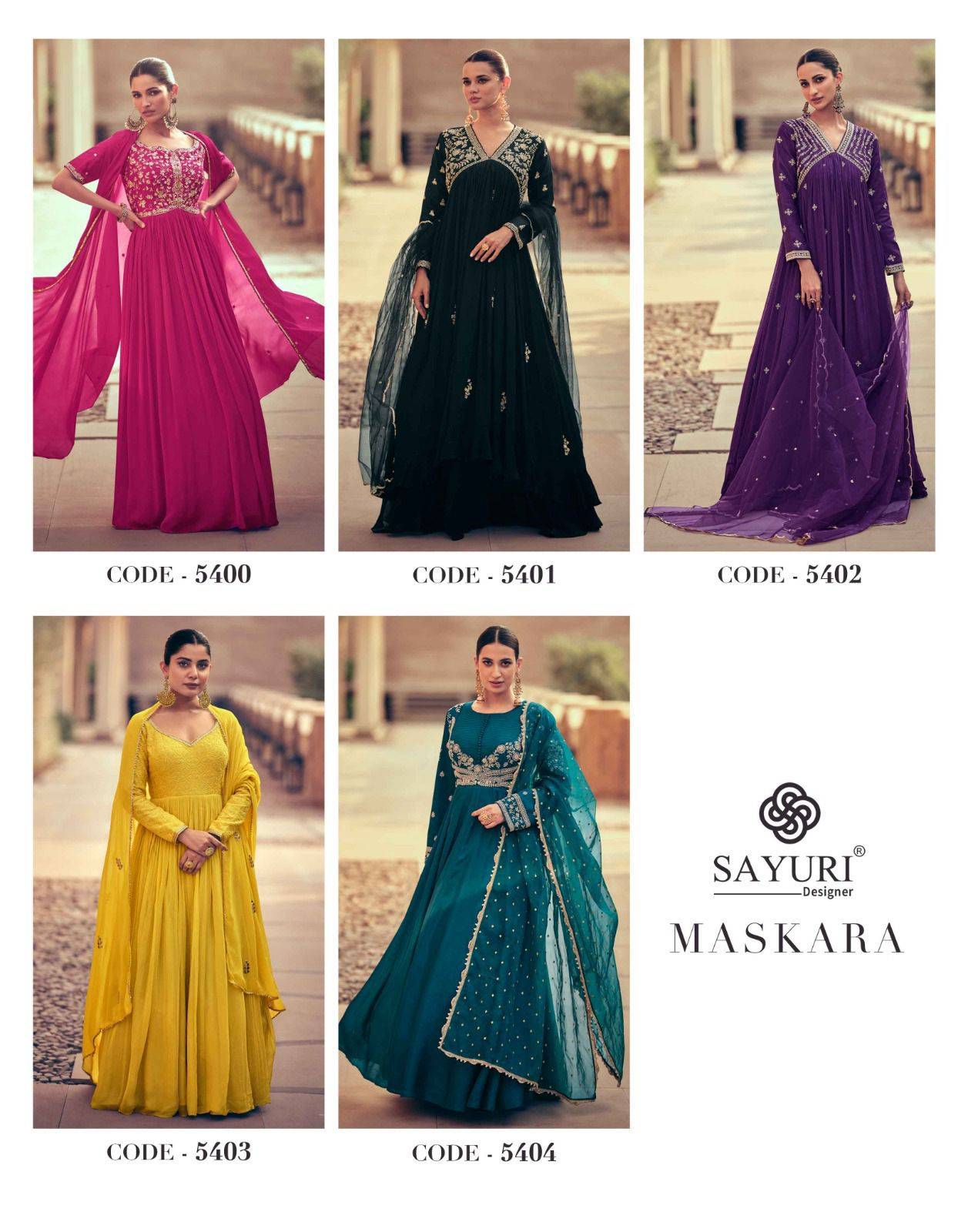 Maskara By Sayuri 5400 To 5404 Series Beautiful Stylish Fancy Colorful Casual Wear & Ethnic Wear Chinnon Silk Gowns With Dupatta At Wholesale Price