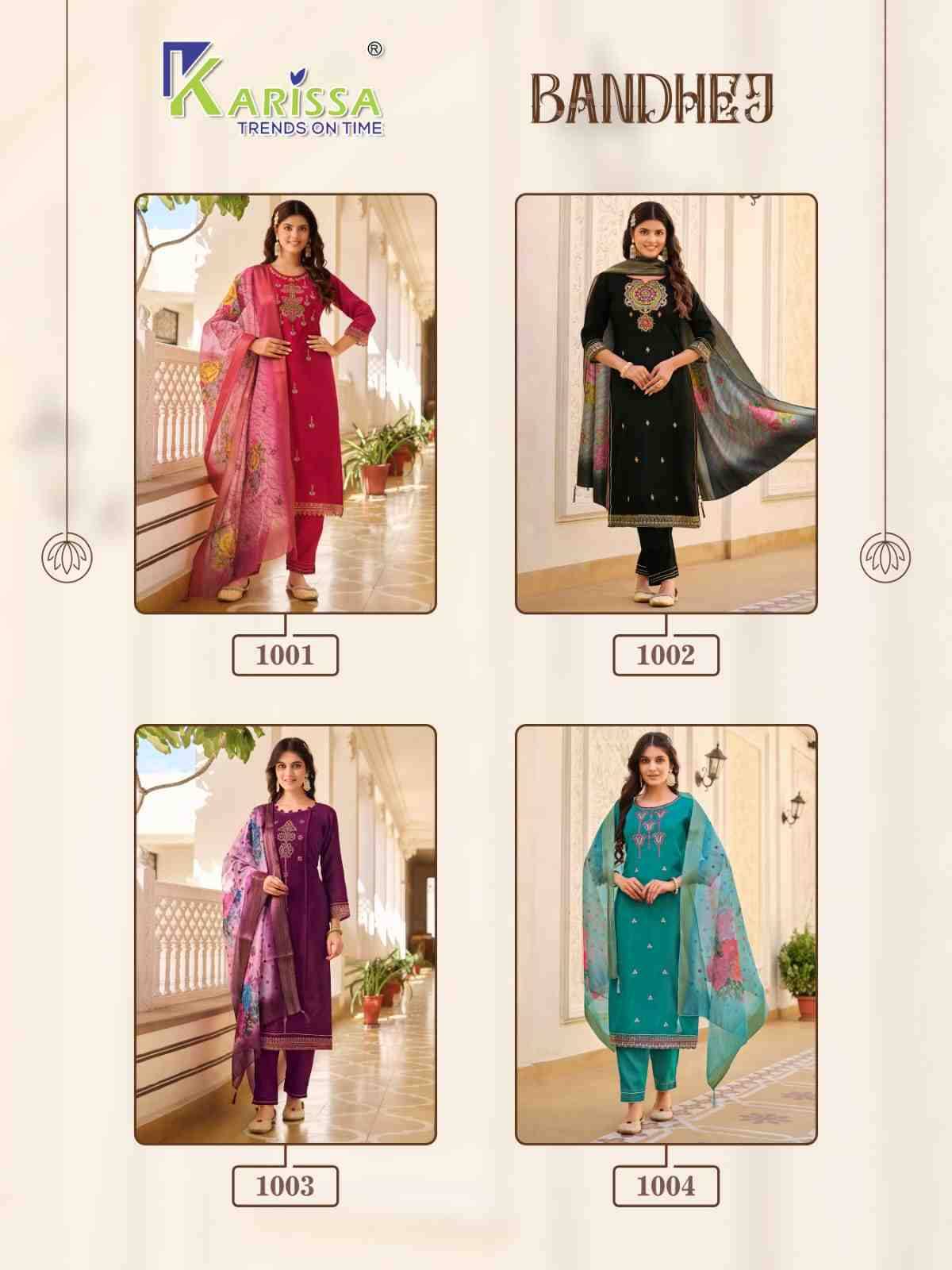 Bandhej By Karissa 1001 To 1004 Series Beautiful Festive Suits Colorful Stylish Fancy Casual Wear & Ethnic Wear Viscose Silk Embroidered Dresses At Wholesale Price