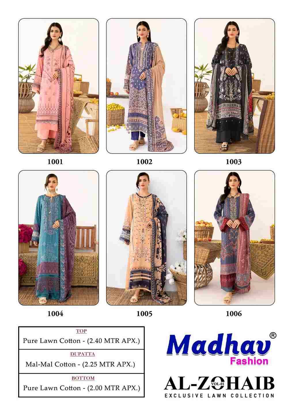 Al-Zohaib Vol-1 By Madhav Fashion 1001 To 1006 Series Beautiful Festive Suits Colorful Stylish Fancy Casual Wear & Ethnic Wear Pure Lawn Cotton Embroidered Dresses At Wholesale Price