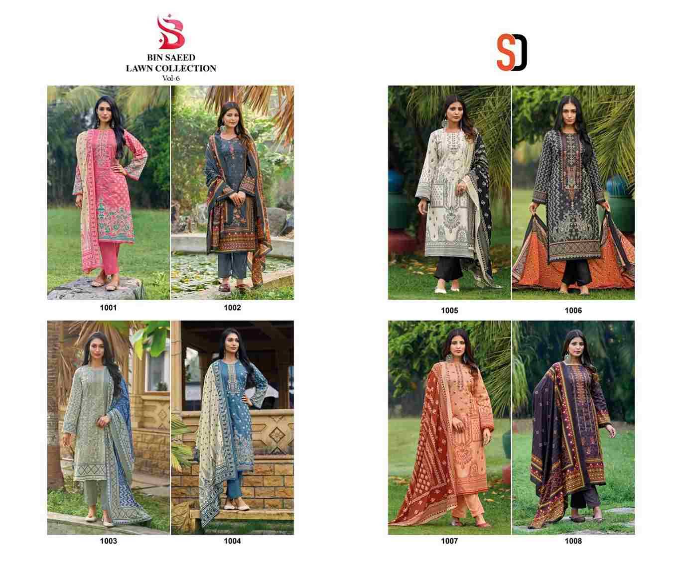 Bin Saeed Lawn Collection Vol-6 By Shraddha Designer 1001 To 1008 Series Designer Pakistani Suits Beautiful Fancy Stylish Colorful Party Wear & Occasional Wear Pure Cotton Print With Embroidery Dresses At Wholesale Price