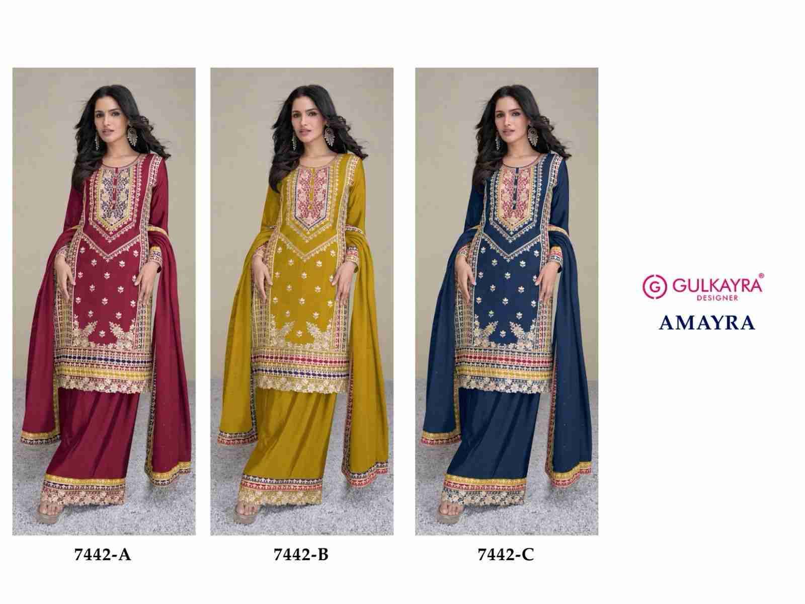 Amayra By Gulkayra Designer 7442-A To 7442-C Series Beautiful Colorful Stylish Fancy Casual Wear & Ethnic Wear Chinnon Embroidered Dresses At Wholesale Price