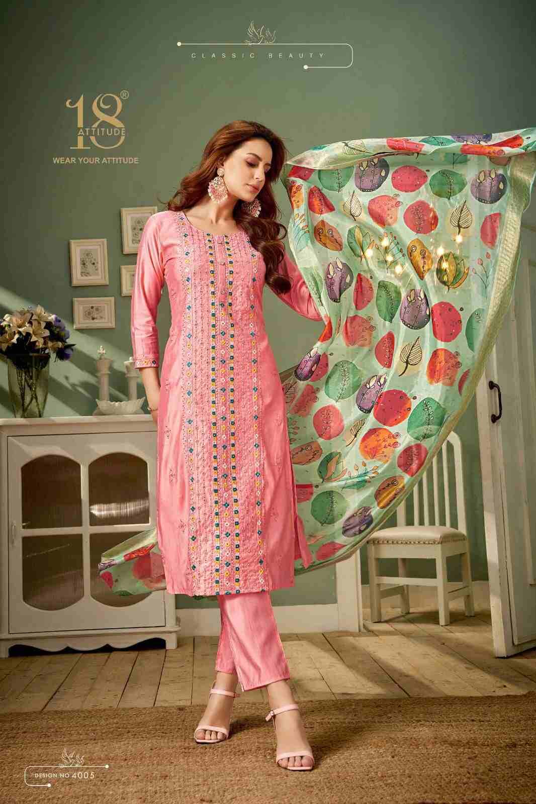 Elite Vol-4 By 18 Attitude 4001 To 4006 Series Beautiful Stylish Festive Suits Fancy Colorful Casual Wear & Ethnic Wear & Ready To Wear Viscose Dresses At Wholesale Price
