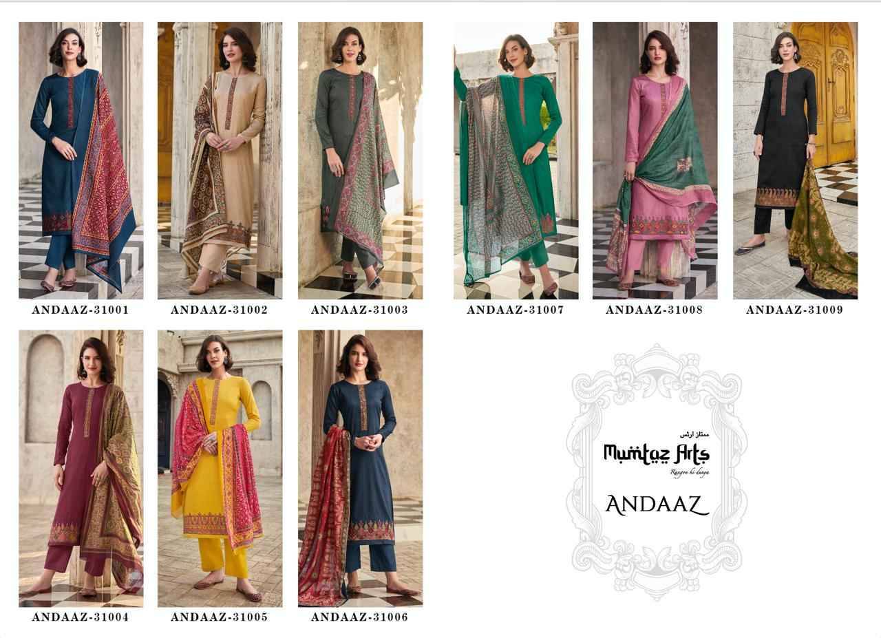 Andaaz By Mumtaz Arts 31001 To 31009 Series Beautiful Stylish Festive Suits Fancy Colorful Casual Wear & Ethnic Wear & Ready To Wear Pure Jam Satin Print Dresses At Wholesale Price