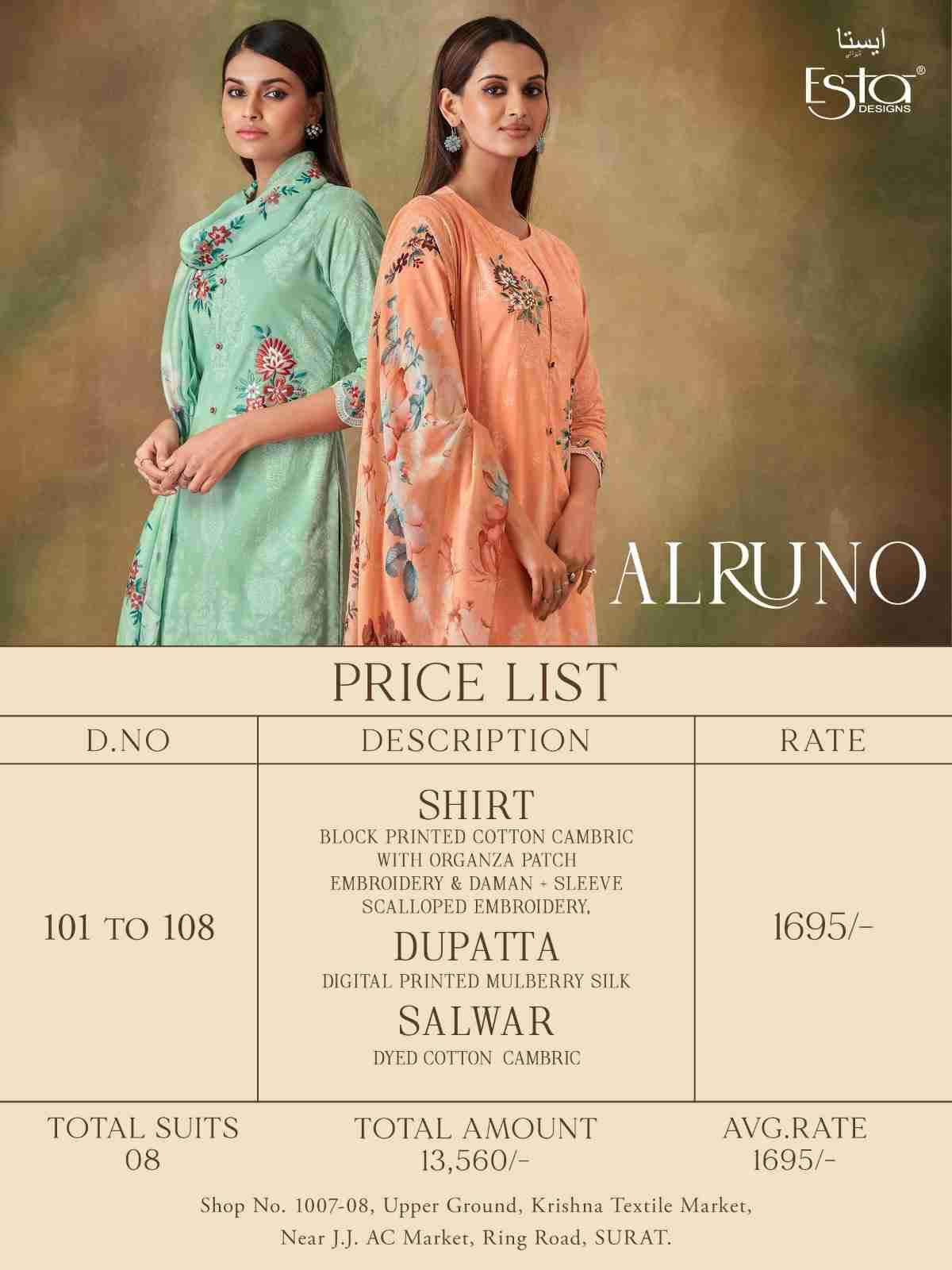 Alruno By Esta Designs 101 To 108 Series Beautiful Festive Suits Colorful Stylish Fancy Casual Wear & Ethnic Wear Cambric Cotton Dresses At Wholesale Price