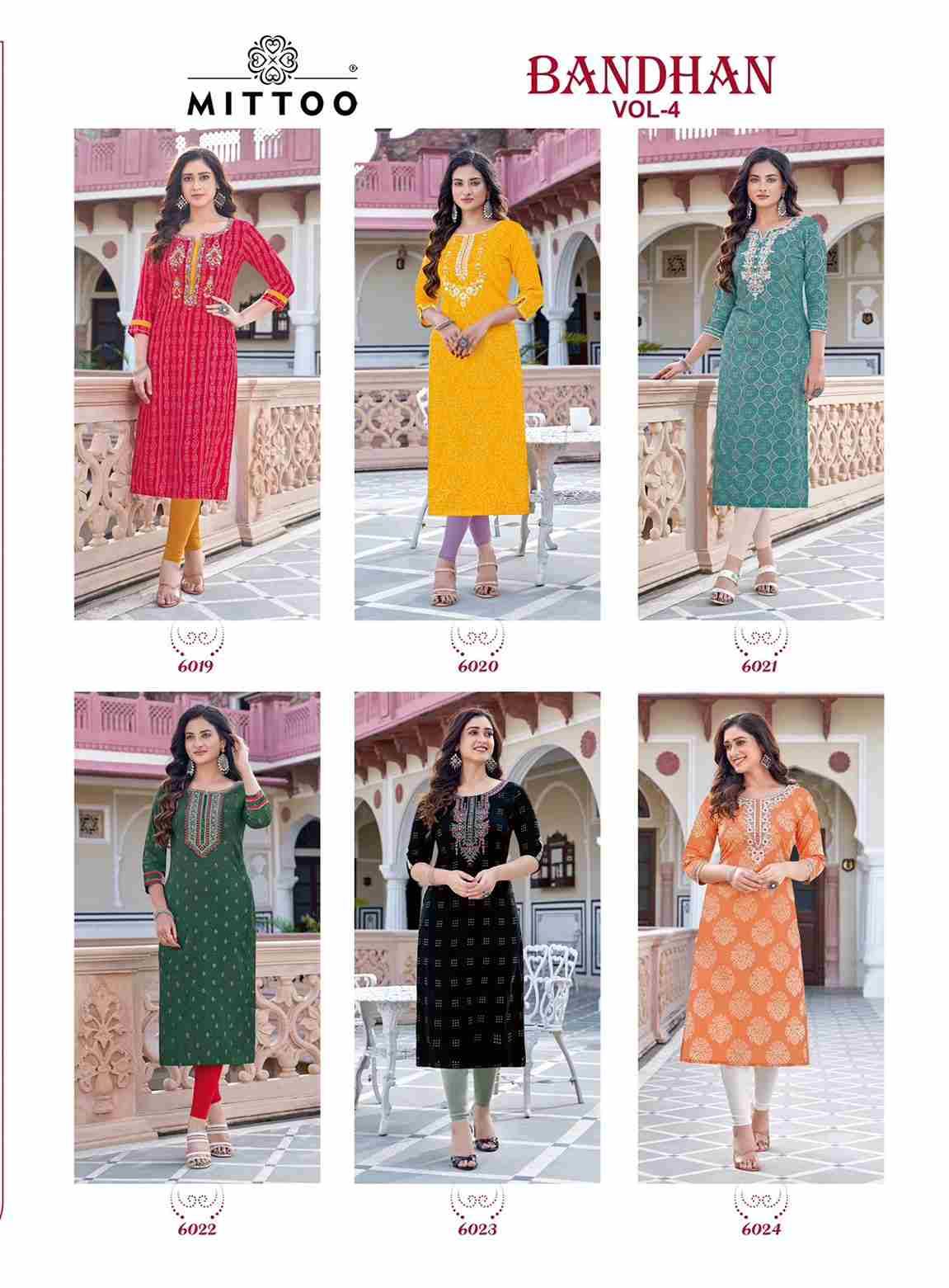 Bandhan Vol-4 By Mittoo 6019 To 6024 Series Designer Stylish Fancy Colorful Beautiful Party Wear & Ethnic Wear Collection Rayon Print Kurtis At Wholesale Price