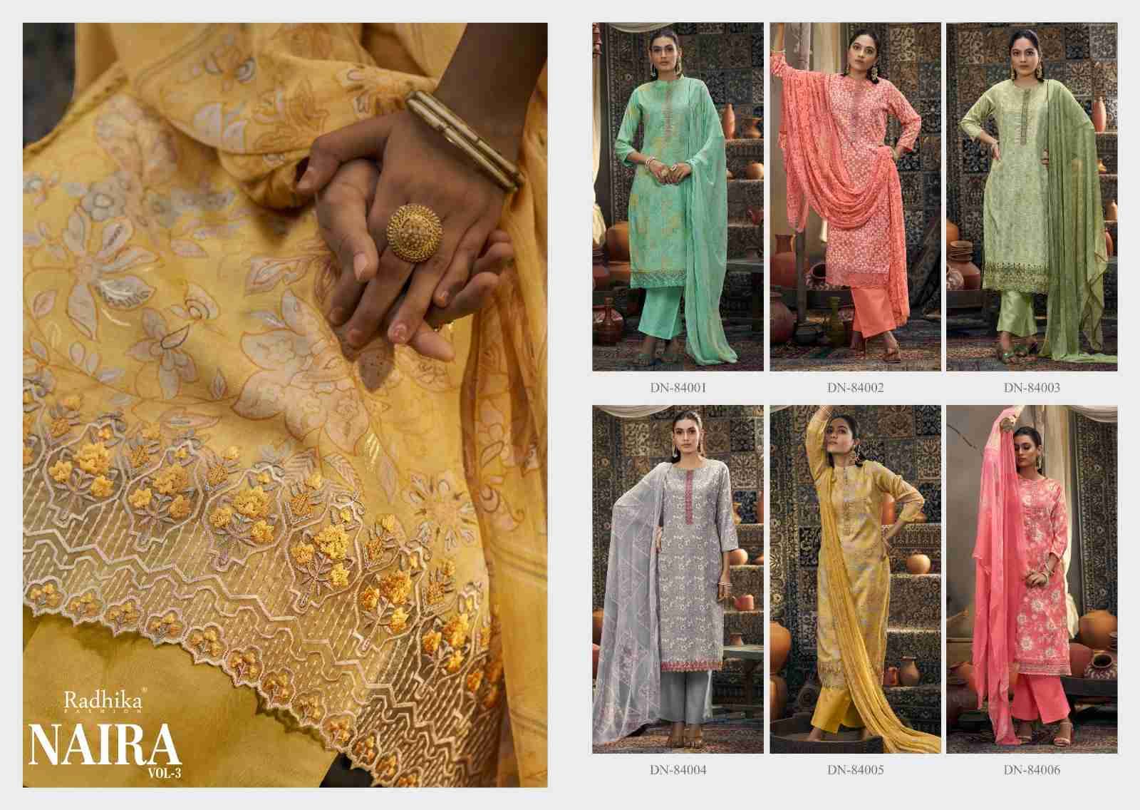 Naira Vol-3 By Radhika Fashion 84001 To 84006 Designer Festive Suits Collection Beautiful Stylish Fancy Colorful Party Wear & Occasional Wear Cotton Print With Work Dresses At Wholesale Price