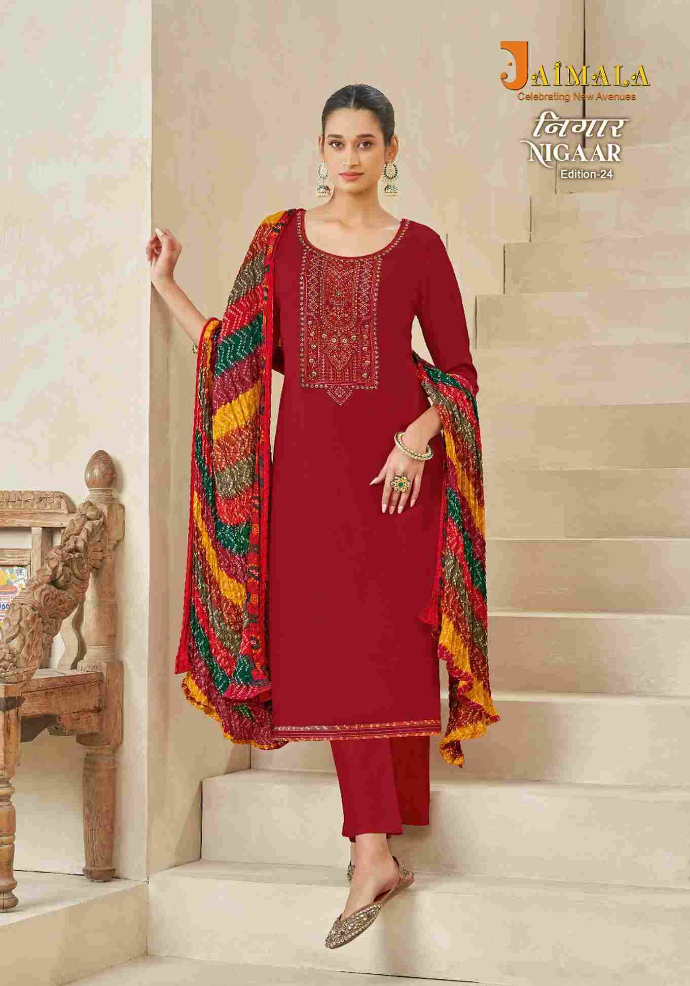 Nigaar Vol-24 By Jaimala 1448-001 To 1448-008 Series Beautiful Festive Suits Colorful Stylish Fancy Casual Wear & Ethnic Wear Pure Rayon Slub With Work Dresses At Wholesale Price