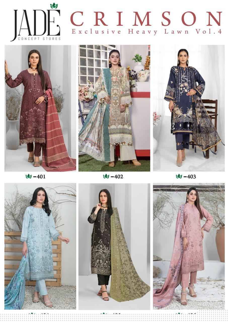 Crimson Vol-4 By Jade 401 To 406 Series Beautiful Festive Suits Stylish Fancy Colorful Casual Wear & Ethnic Wear Pure Lawn Digital Print Dresses At Wholesale Price