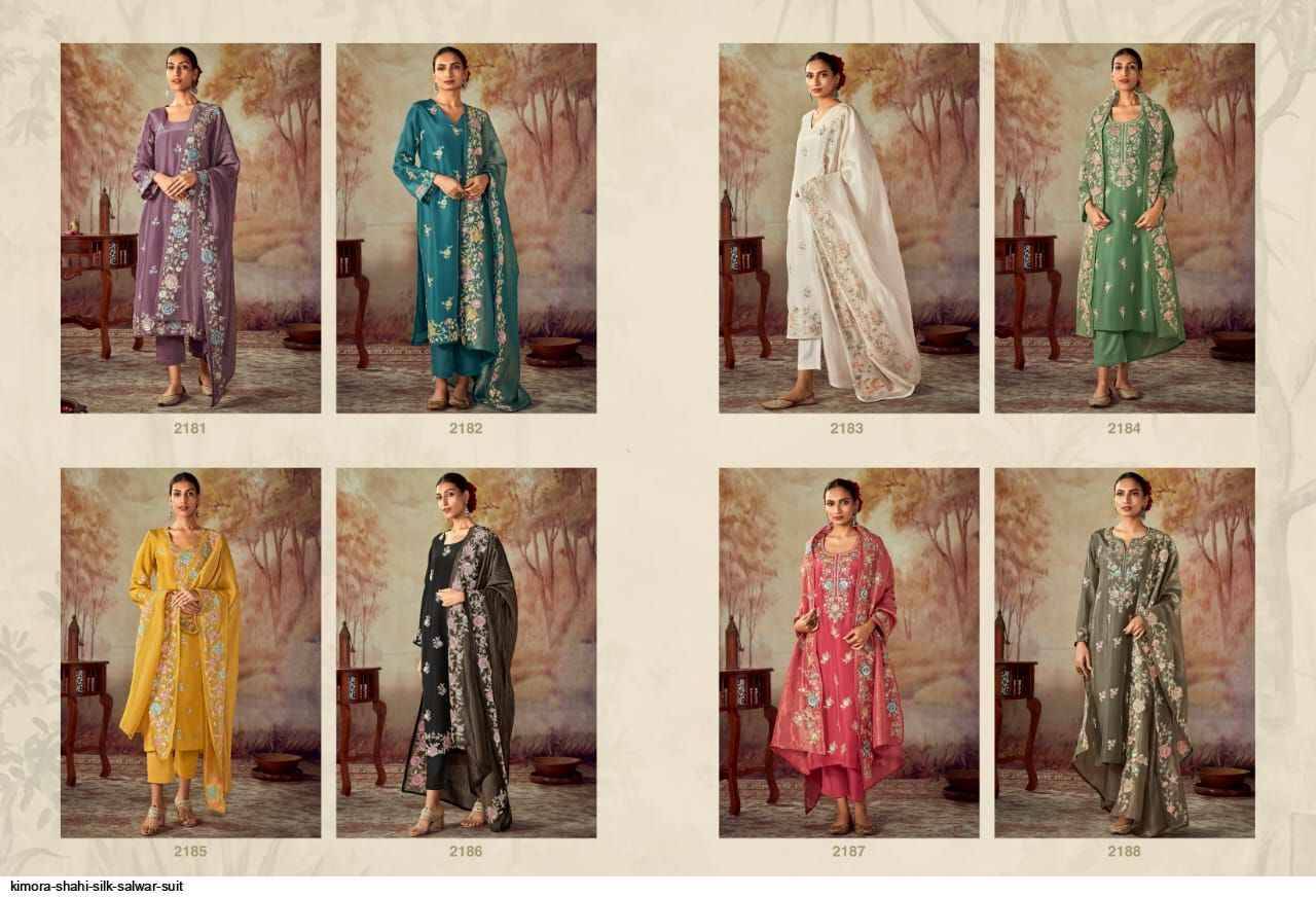 Shahi By Kimora Fashion 2181 To 2188 Series Beautiful Festive Suits Colorful Stylish Fancy Casual Wear & Ethnic Wear Pure Russian Silk Dresses At Wholesale Price