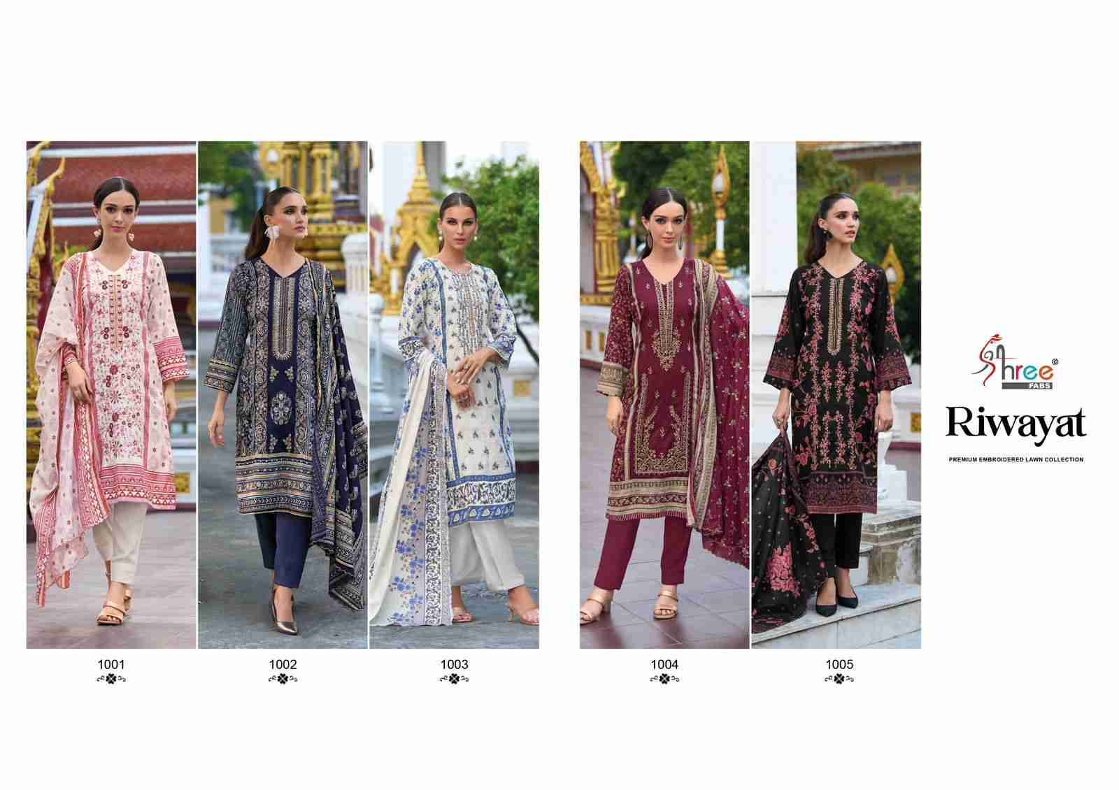 Riwayat Premium Embroidered Lawn Collection By Shree Fabs 1001 To 1005 Series Designer Festive Suits Collection Beautiful Stylish Fancy Colorful Party Wear & Occasional Wear Pure Lawn Cotton Embroidered Dresses At Wholesale Price
