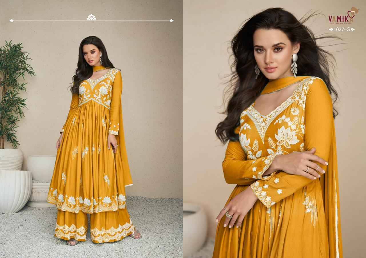 Lakhnavi Vol-5 Hit List By Vamika 1027-F To 1027-J Series Beautiful Stylish Sharara Suits Fancy Colorful Casual Wear & Ethnic Wear & Ready To Wear Pure Rayon Printed Dresses At Wholesale Price