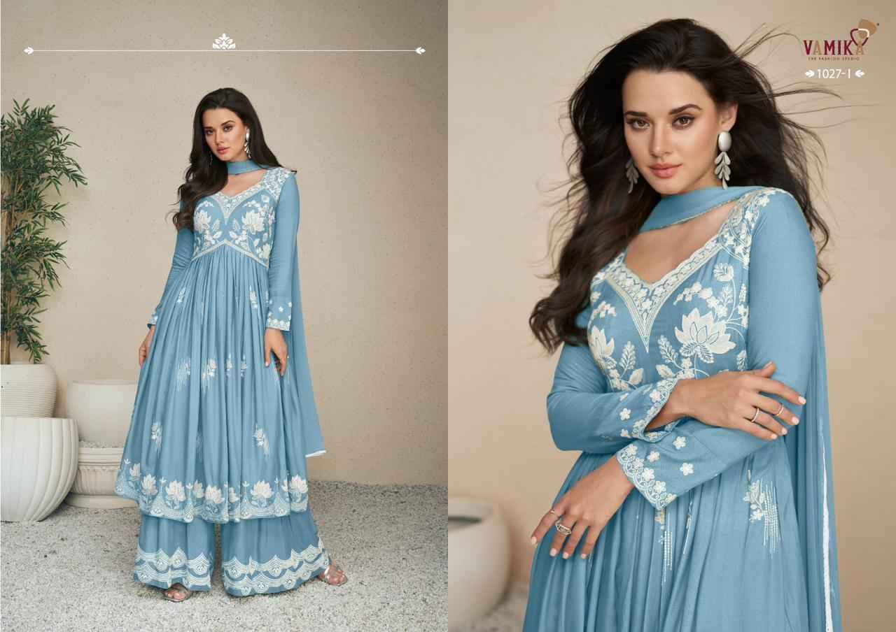 Lakhnavi Vol-5 Hit List By Vamika 1027-F To 1027-J Series Beautiful Stylish Sharara Suits Fancy Colorful Casual Wear & Ethnic Wear & Ready To Wear Pure Rayon Printed Dresses At Wholesale Price