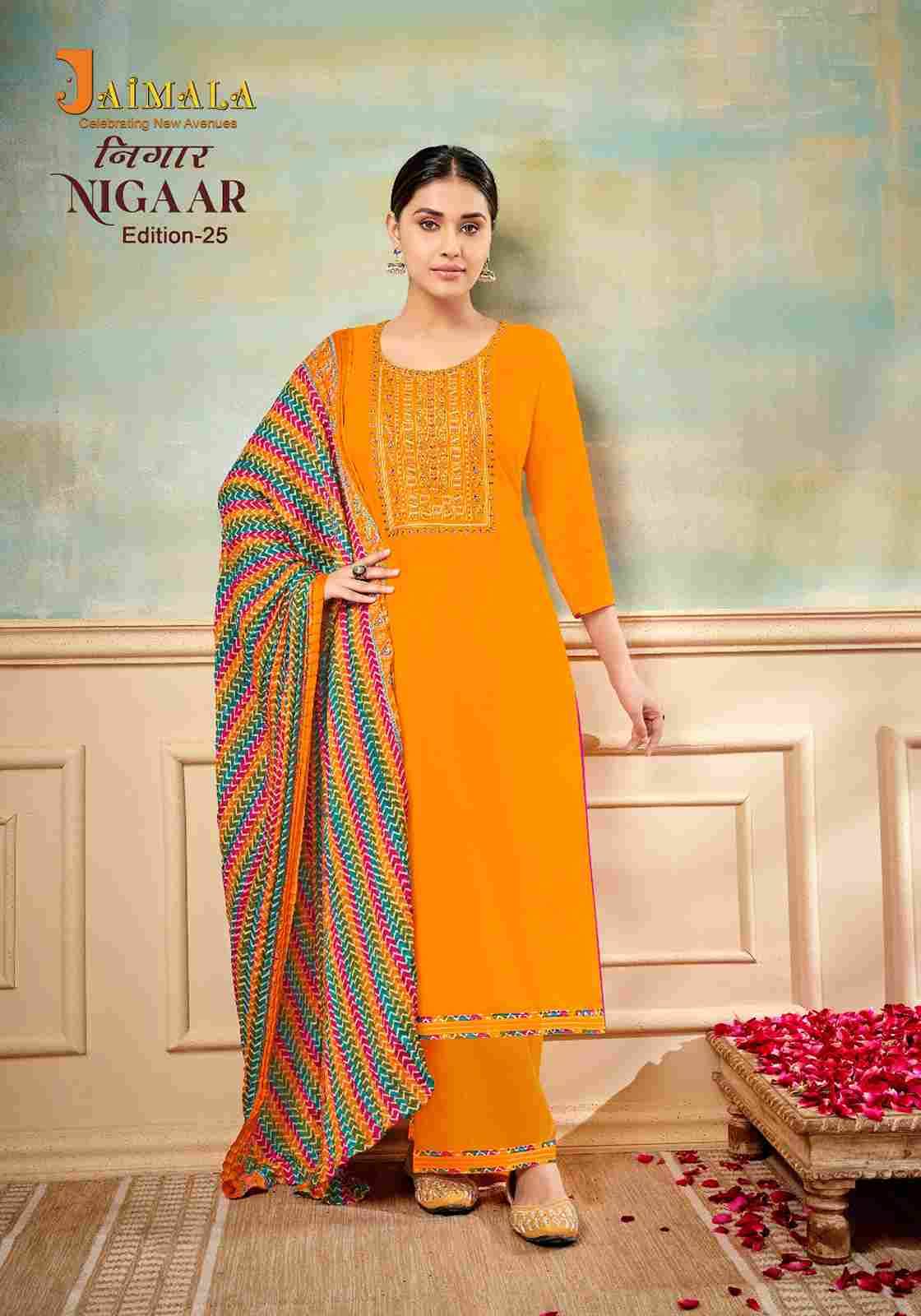 Nigaar Vol-25 By Jaimala 1461-001 To 1461-008 Series Beautiful Festive Suits Colorful Stylish Fancy Casual Wear & Ethnic Wear Pure Rayon Slub With Work Dresses At Wholesale Price