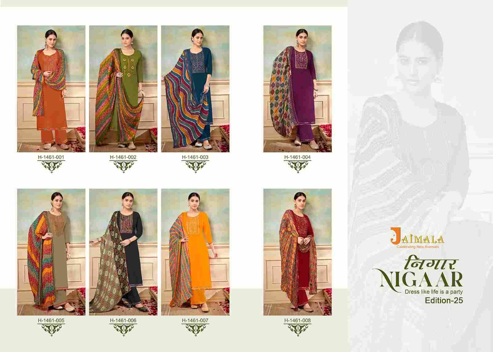 Nigaar Vol-25 By Jaimala 1461-001 To 1461-008 Series Beautiful Festive Suits Colorful Stylish Fancy Casual Wear & Ethnic Wear Pure Rayon Slub With Work Dresses At Wholesale Price