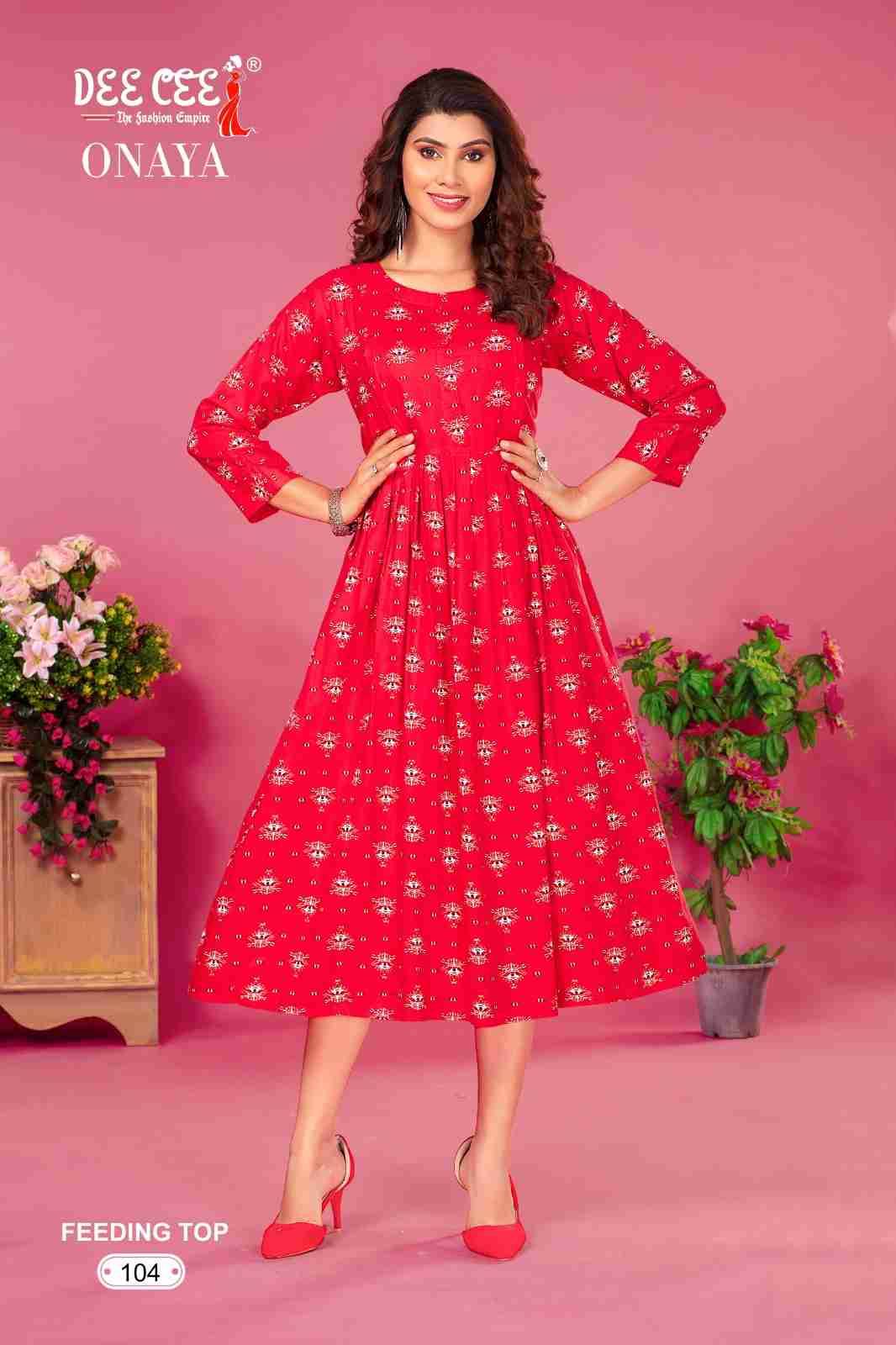 ONAYA BY DEE CEE 101 TO 106 SERIES DESIGNER STYLISH FANCY COLORFUL BEAUTIFUL PARTY WEAR & ETHNIC WEAR COLLECTION HEAVY RAYON PRINT KURTIS AT WHOLESALE PRICE