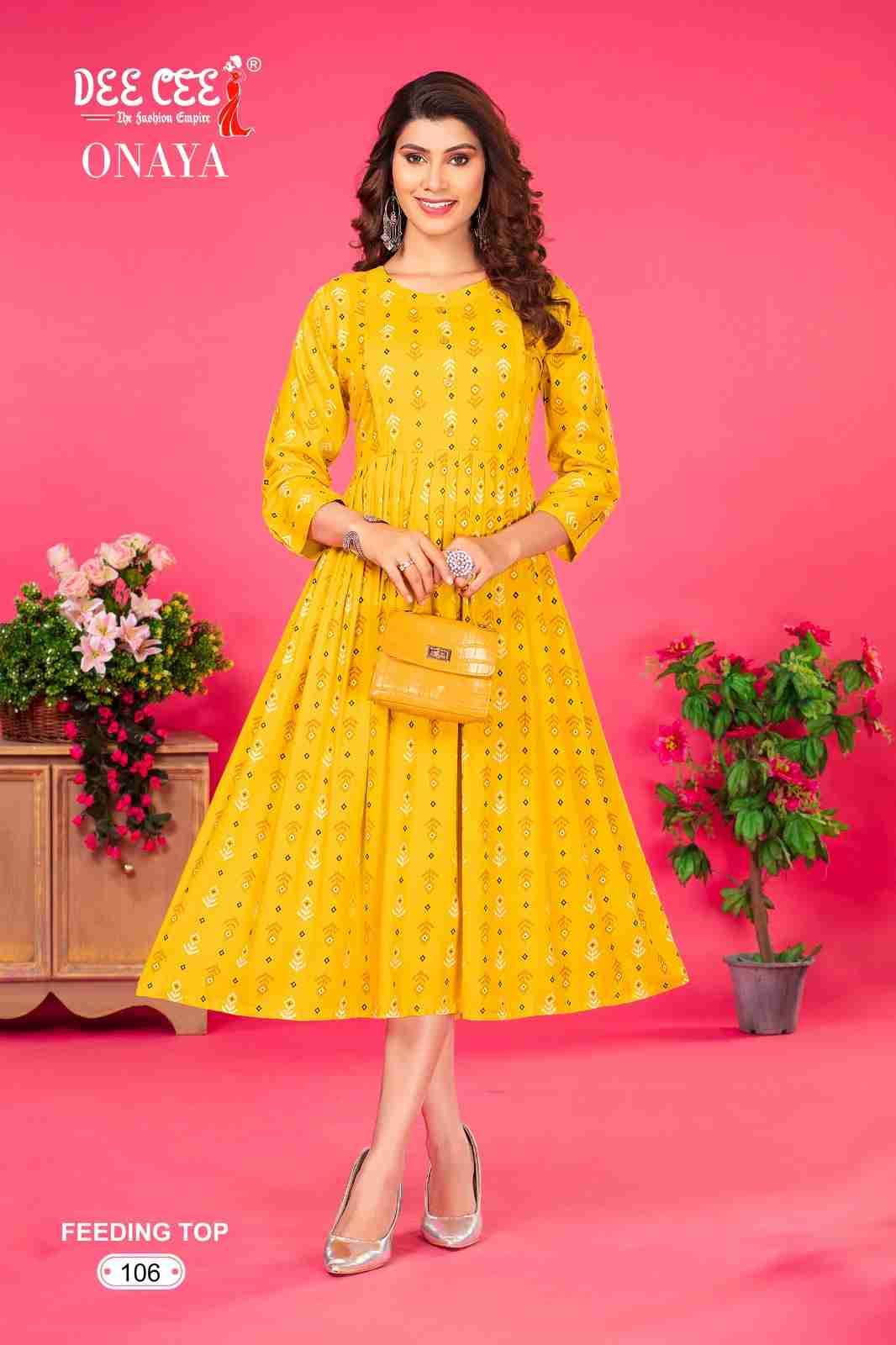 ONAYA BY DEE CEE 101 TO 106 SERIES DESIGNER STYLISH FANCY COLORFUL BEAUTIFUL PARTY WEAR & ETHNIC WEAR COLLECTION HEAVY RAYON PRINT KURTIS AT WHOLESALE PRICE