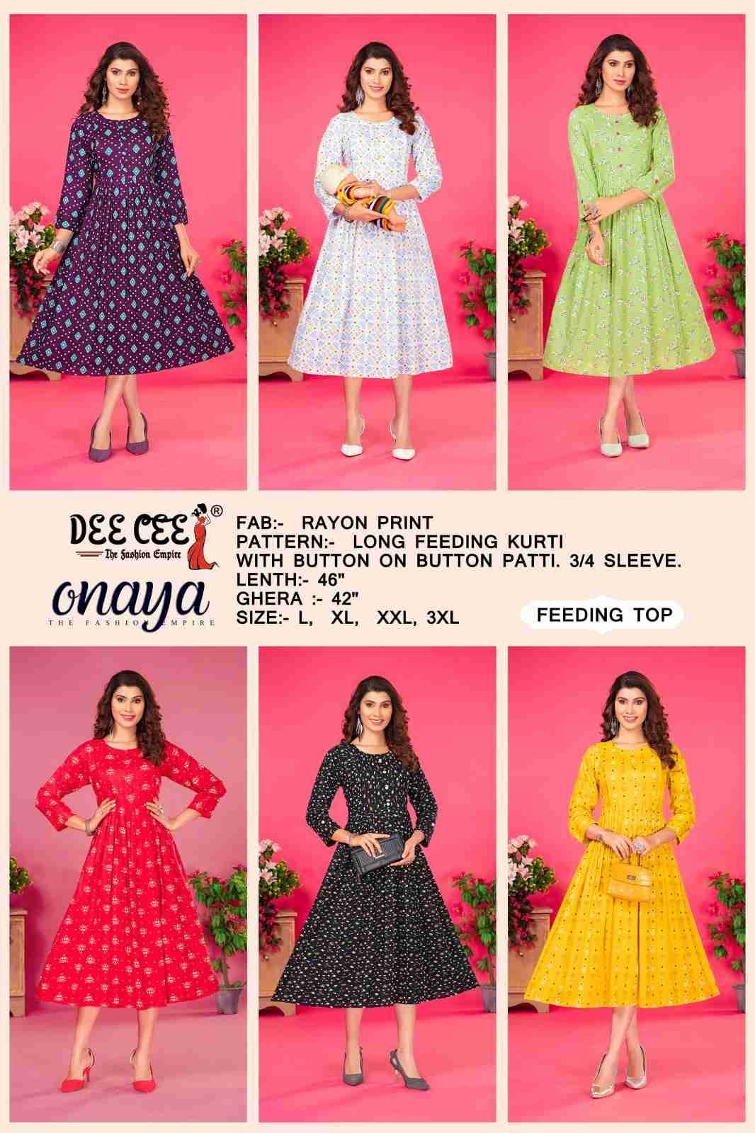 ONAYA BY DEE CEE 101 TO 106 SERIES DESIGNER STYLISH FANCY COLORFUL BEAUTIFUL PARTY WEAR & ETHNIC WEAR COLLECTION HEAVY RAYON PRINT KURTIS AT WHOLESALE PRICE