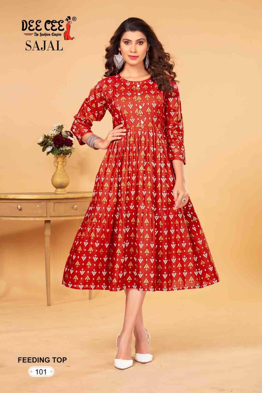 SAJAL BY DEE CEE 101 TO 106 SERIES DESIGNER STYLISH FANCY COLORFUL BEAUTIFUL PARTY WEAR & ETHNIC WEAR COLLECTION HEAVY RAYON PRINT KURTIS AT WHOLESALE PRICE