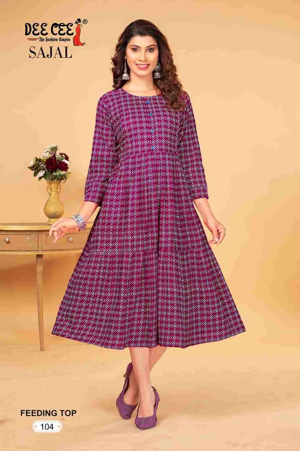 SAJAL BY DEE CEE 101 TO 106 SERIES DESIGNER STYLISH FANCY COLORFUL BEAUTIFUL PARTY WEAR & ETHNIC WEAR COLLECTION HEAVY RAYON PRINT KURTIS AT WHOLESALE PRICE