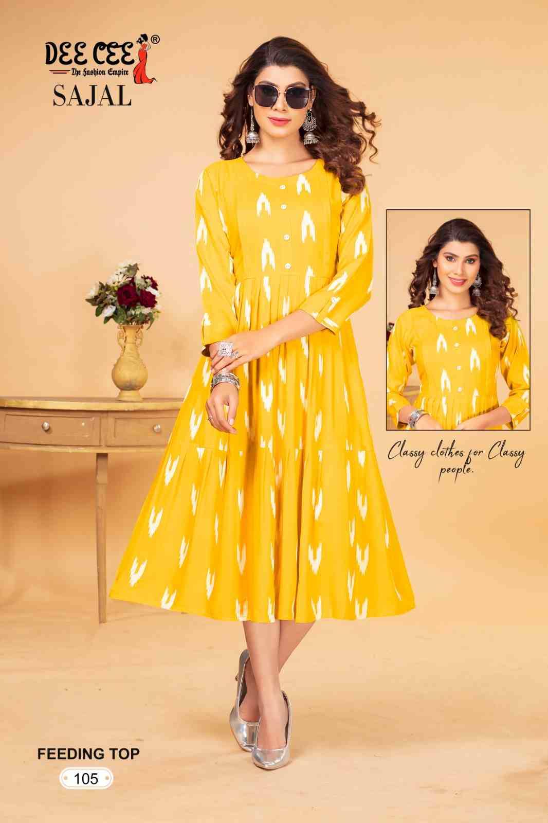 SAJAL BY DEE CEE 101 TO 106 SERIES DESIGNER STYLISH FANCY COLORFUL BEAUTIFUL PARTY WEAR & ETHNIC WEAR COLLECTION HEAVY RAYON PRINT KURTIS AT WHOLESALE PRICE