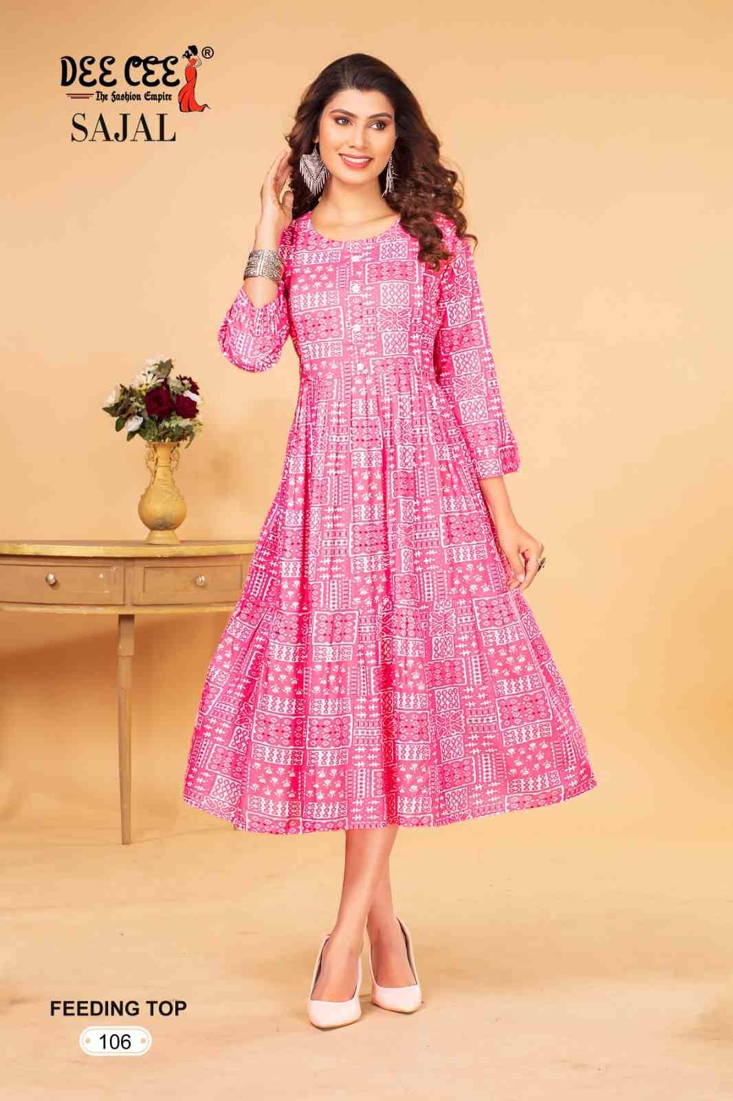 SAJAL BY DEE CEE 101 TO 106 SERIES DESIGNER STYLISH FANCY COLORFUL BEAUTIFUL PARTY WEAR & ETHNIC WEAR COLLECTION HEAVY RAYON PRINT KURTIS AT WHOLESALE PRICE