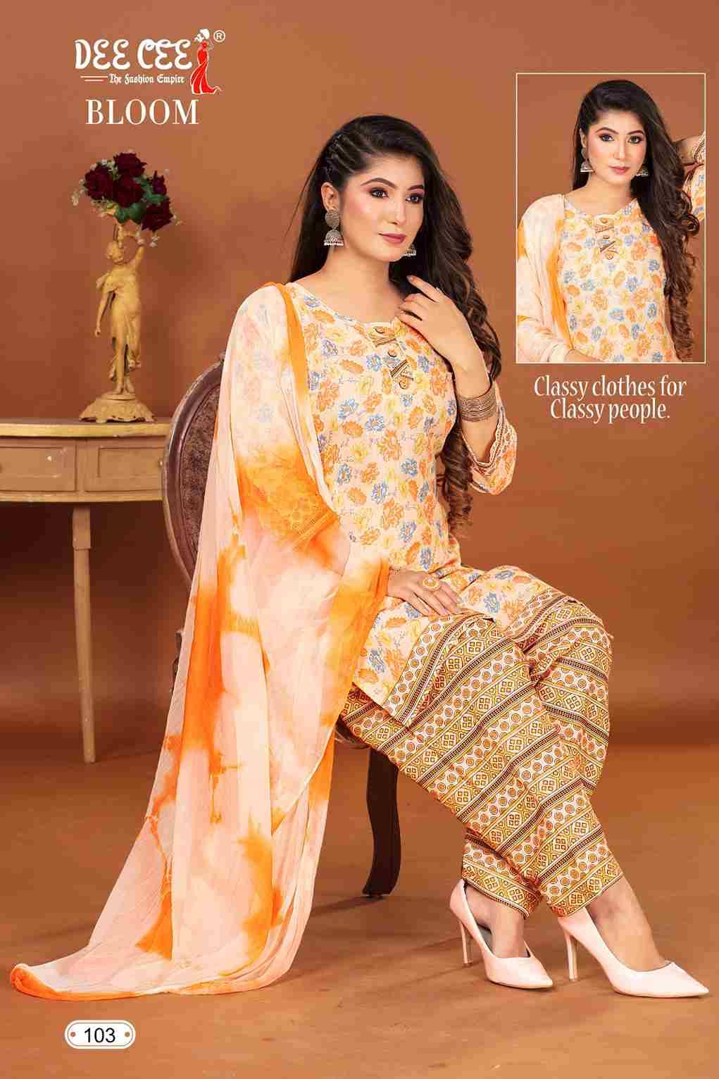 BLOOM BY DEE CEE 101 TO 106 SERIES DESIGNER STYLISH FANCY COLORFUL BEAUTIFUL PARTY WEAR & ETHNIC WEAR COLLECTION HEAVY COTTON PRINT DRESSES AT WHOLESALE PRICE