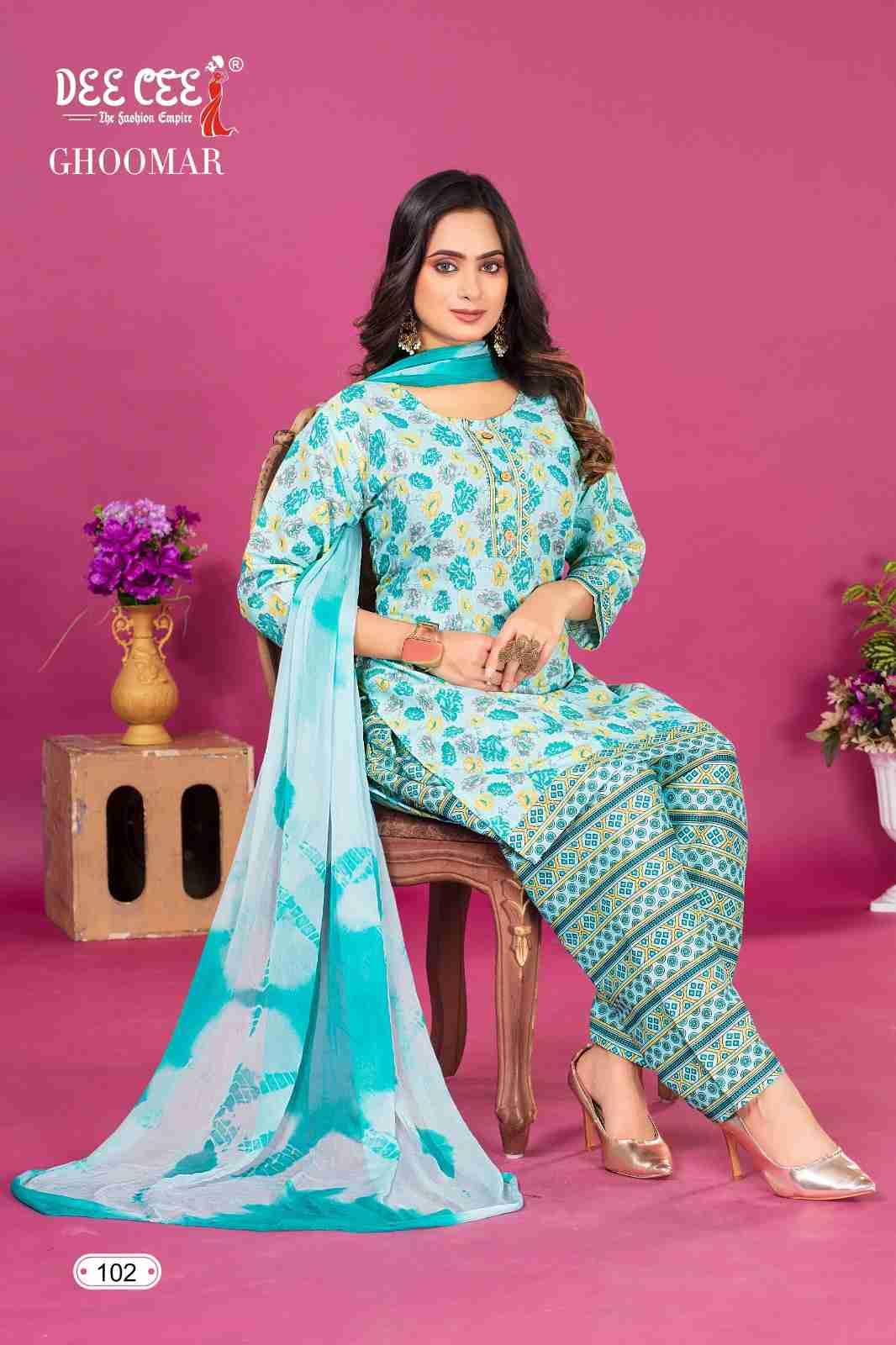 GHOOMAR BY DEE CEE 101 TO 106 SERIES DESIGNER STYLISH FANCY COLORFUL BEAUTIFUL PARTY WEAR & ETHNIC WEAR COLLECTION HEAVY COTTON PRINT DRESSES AT WHOLESALE PRICE