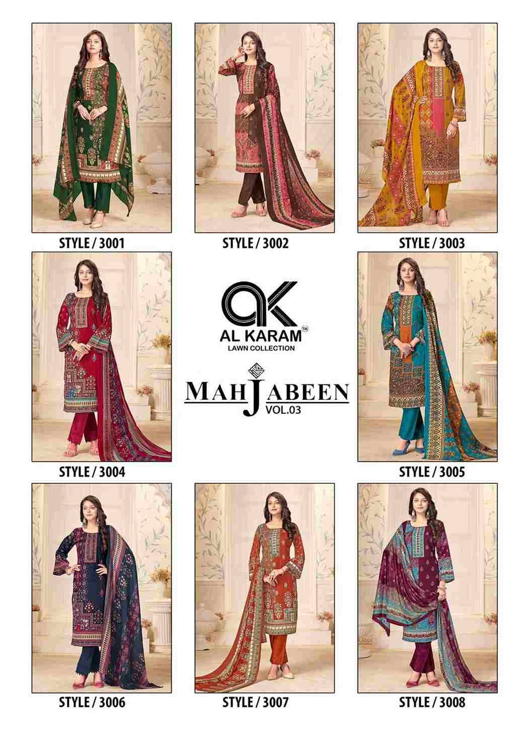 Mahjabeen Vol-3 By Al Karam Lawn Collection 3001 To 3008 Series Beautiful Festive Suits Colorful Stylish Fancy Casual Wear & Ethnic Wear Pure Cotton Print Dresses At Wholesale Price