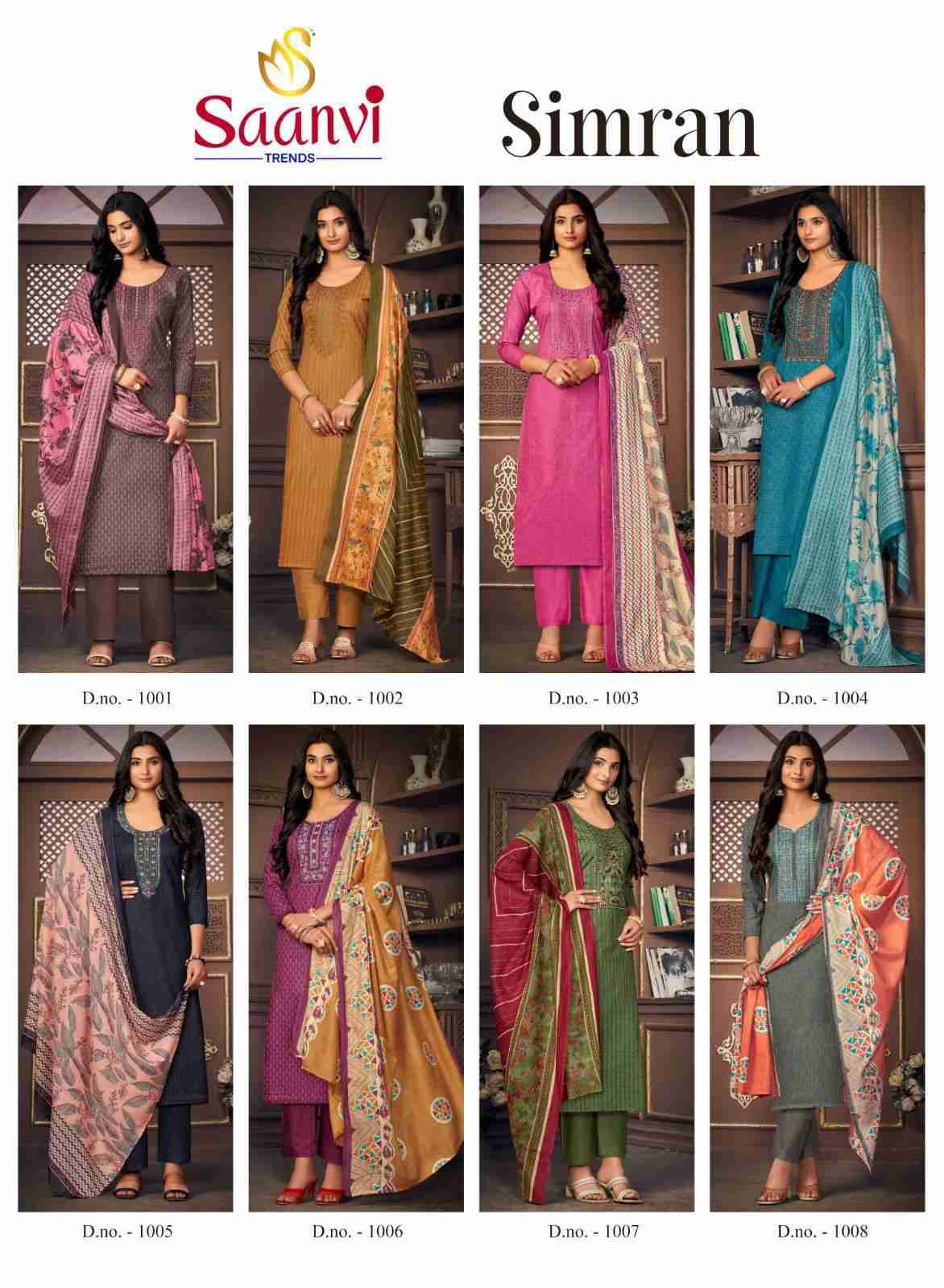 Simran By Saanvi Trends 1001 To 1008 Series Beautiful Festive Suits Colorful Stylish Fancy Casual Wear & Ethnic Wear Pure Cotton Embroidered Dresses At Wholesale Price