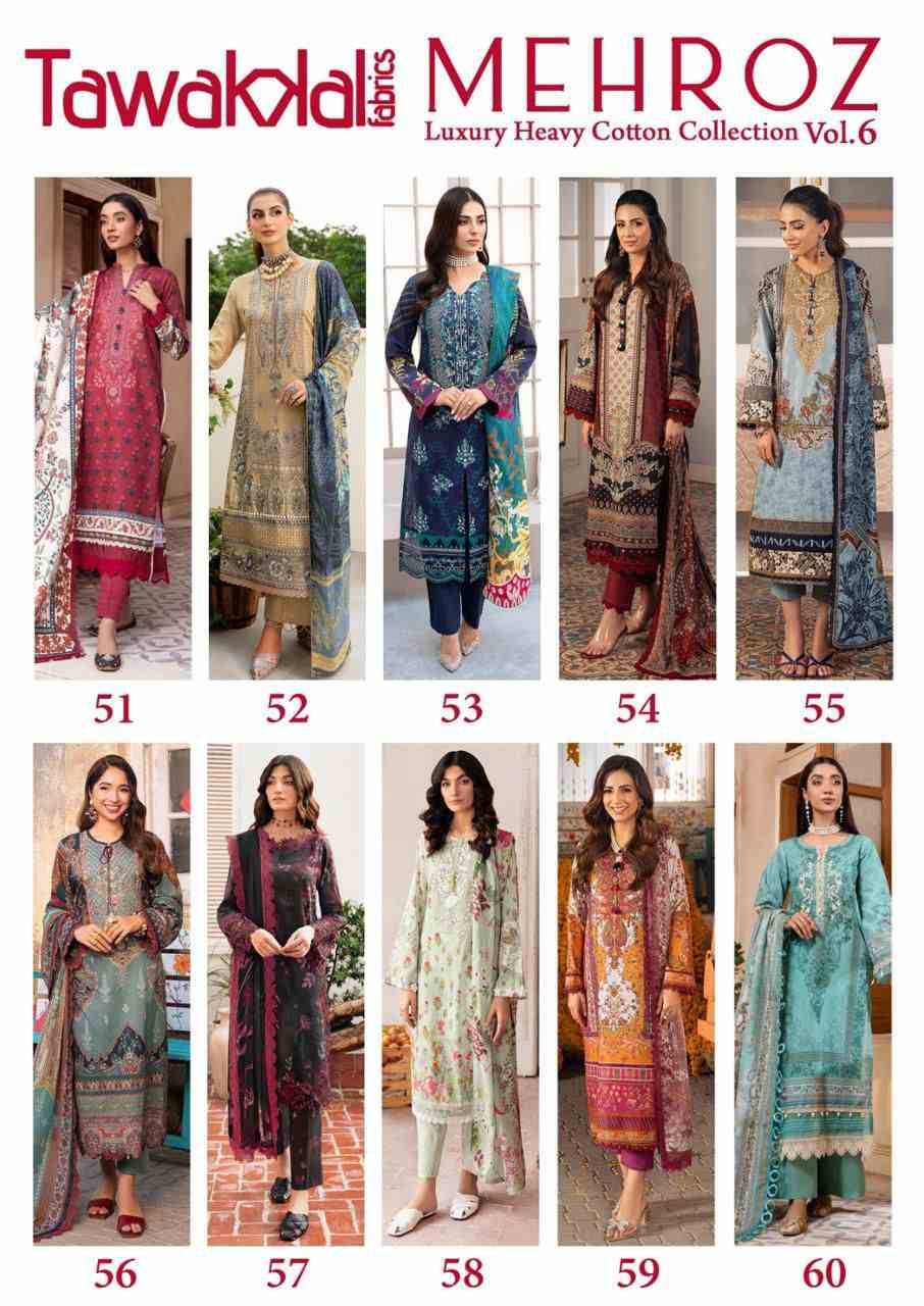 Mehroz Vol-6 By Tawakkal Fab 51 To 60 Series Designer Festive Suits Beautiful Stylish Fancy Colorful Party Wear & Occasional Wear Pure Cotton Dresses At Wholesale Price