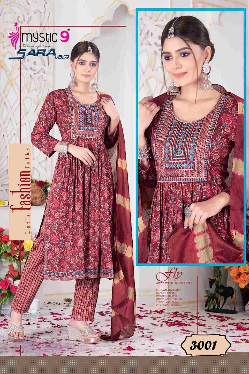 Sara Vol-3 By Mystic 9 3001 To 3008 Series Indian Traditional Wear Collection Beautiful Stylish Fancy Colorful Party Wear & Wear Rayon Foil Dress At Wholesale Price