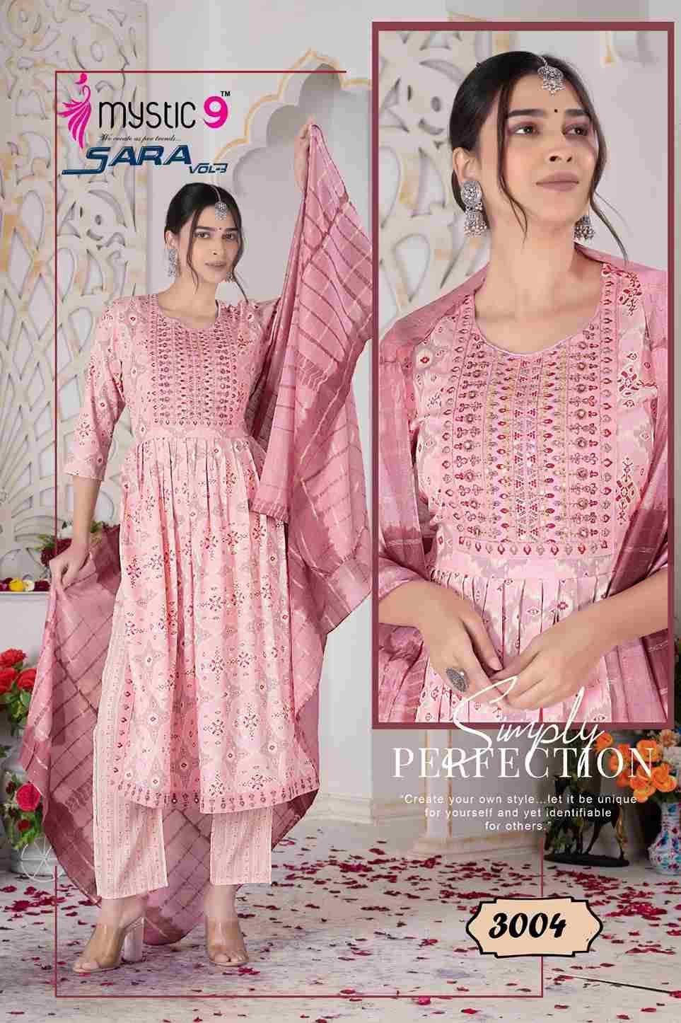 Sara Vol-3 By Mystic 9 3001 To 3008 Series Indian Traditional Wear Collection Beautiful Stylish Fancy Colorful Party Wear & Wear Rayon Foil Dress At Wholesale Price