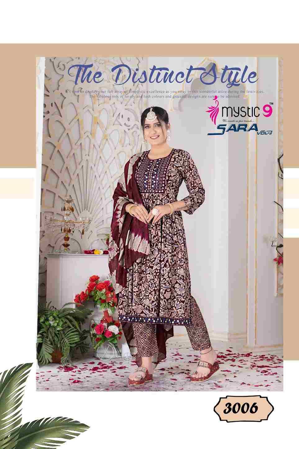 Sara Vol-3 By Mystic 9 3001 To 3008 Series Indian Traditional Wear Collection Beautiful Stylish Fancy Colorful Party Wear & Wear Rayon Foil Dress At Wholesale Price