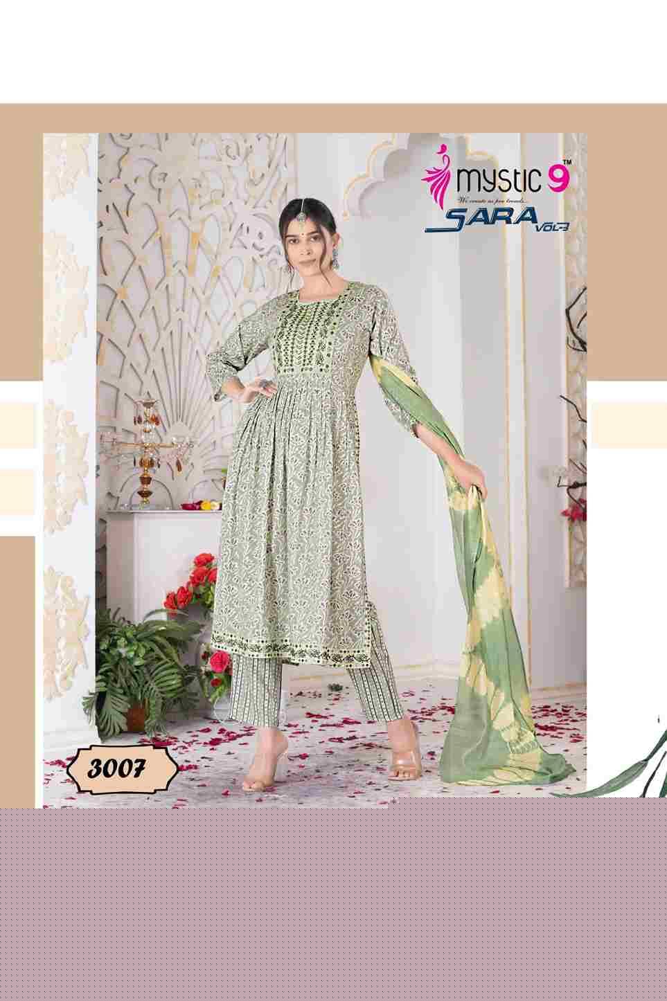 Sara Vol-3 By Mystic 9 3001 To 3008 Series Indian Traditional Wear Collection Beautiful Stylish Fancy Colorful Party Wear & Wear Rayon Foil Dress At Wholesale Price