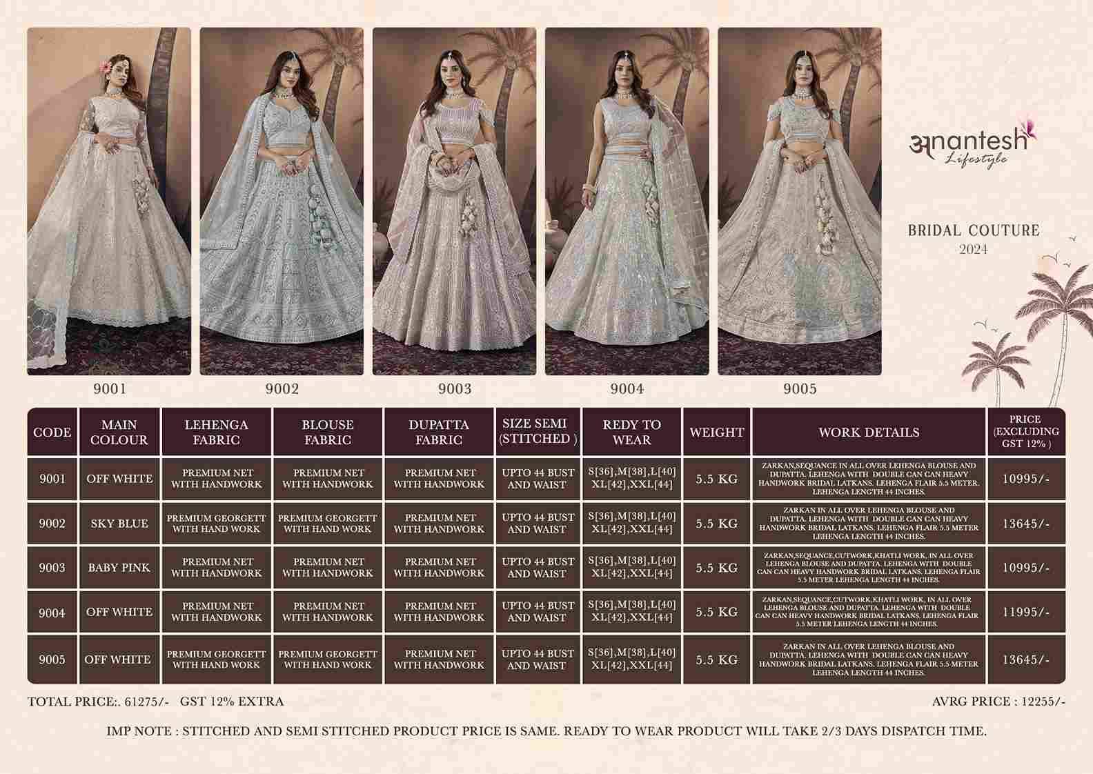 Bridal Couture-2024 By Anantesh Lifestyle 9001 To 9005 Series Beautiful Colorful Fancy Wedding Collection Occasional Wear & Party Wear Net Lehengas At Wholesale Price