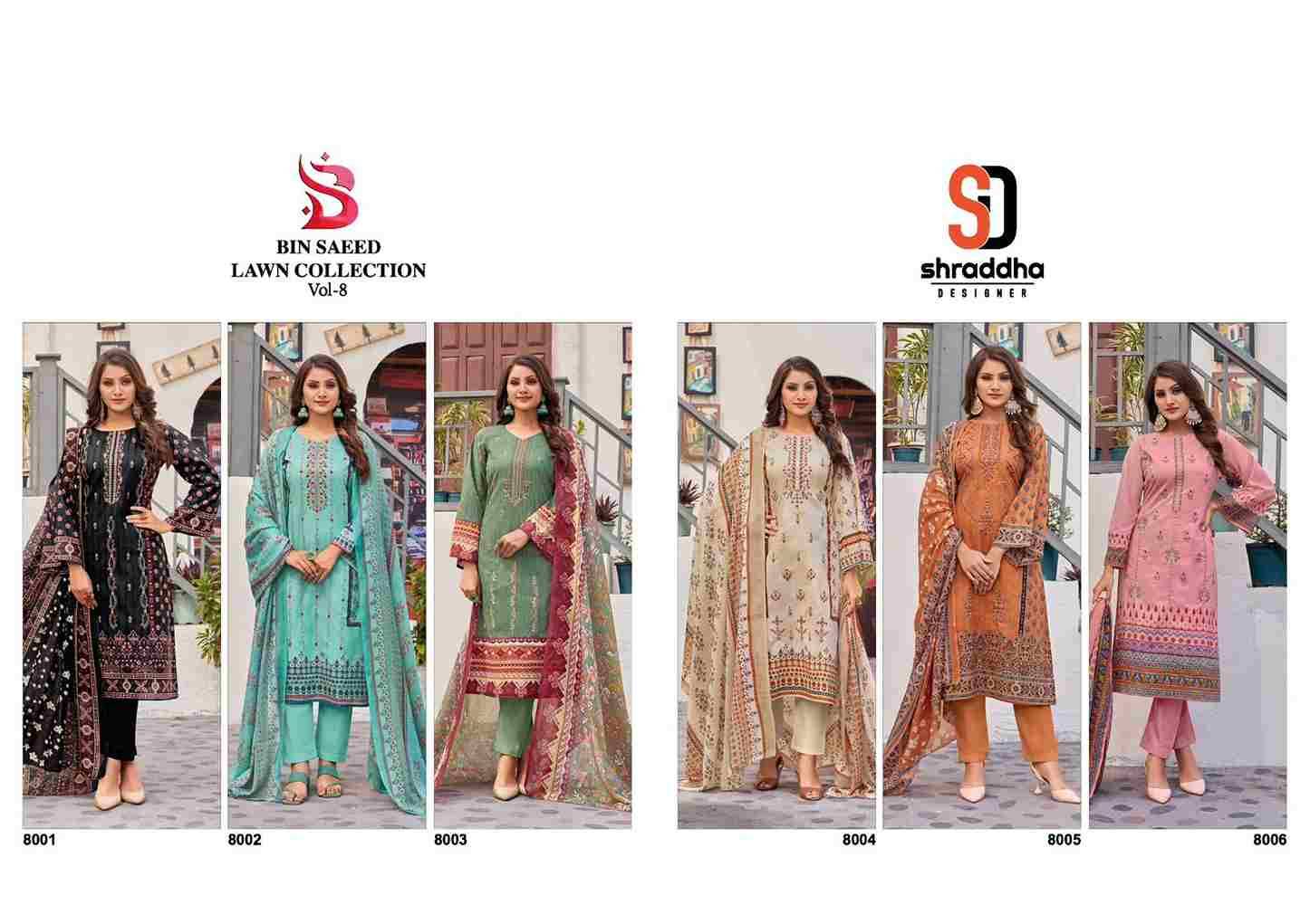 Bin Saeed Lawn Collection Vol-8 By Shraddha Designer 8001 To 8006 Series Designer Pakistani Suits Beautiful Fancy Stylish Colorful Party Wear & Occasional Wear Pure Cotton Print With Embroidery Dresses At Wholesale Price