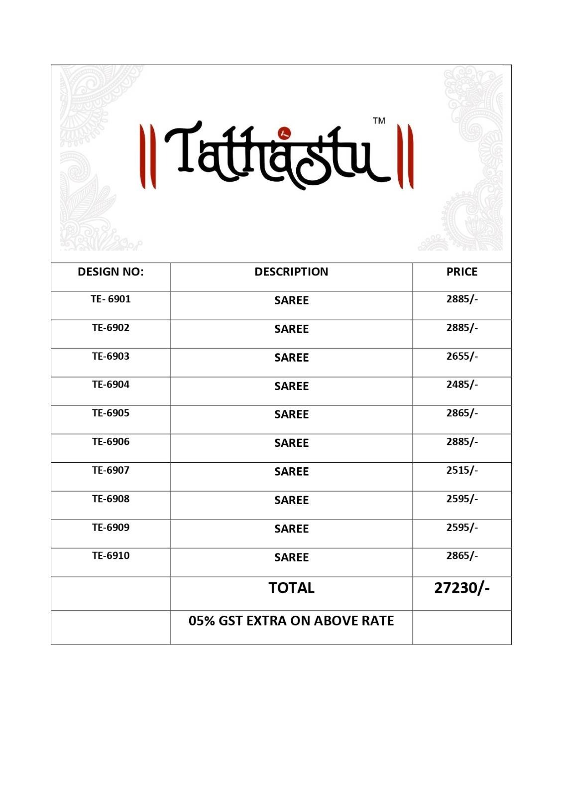 Anaara 6901 Series By Tathastu 6901 To 6910 Series Indian Traditional Wear Collection Beautiful Stylish Fancy Colorful Party Wear & Occasional Wear Fancy Sarees At Wholesale Price