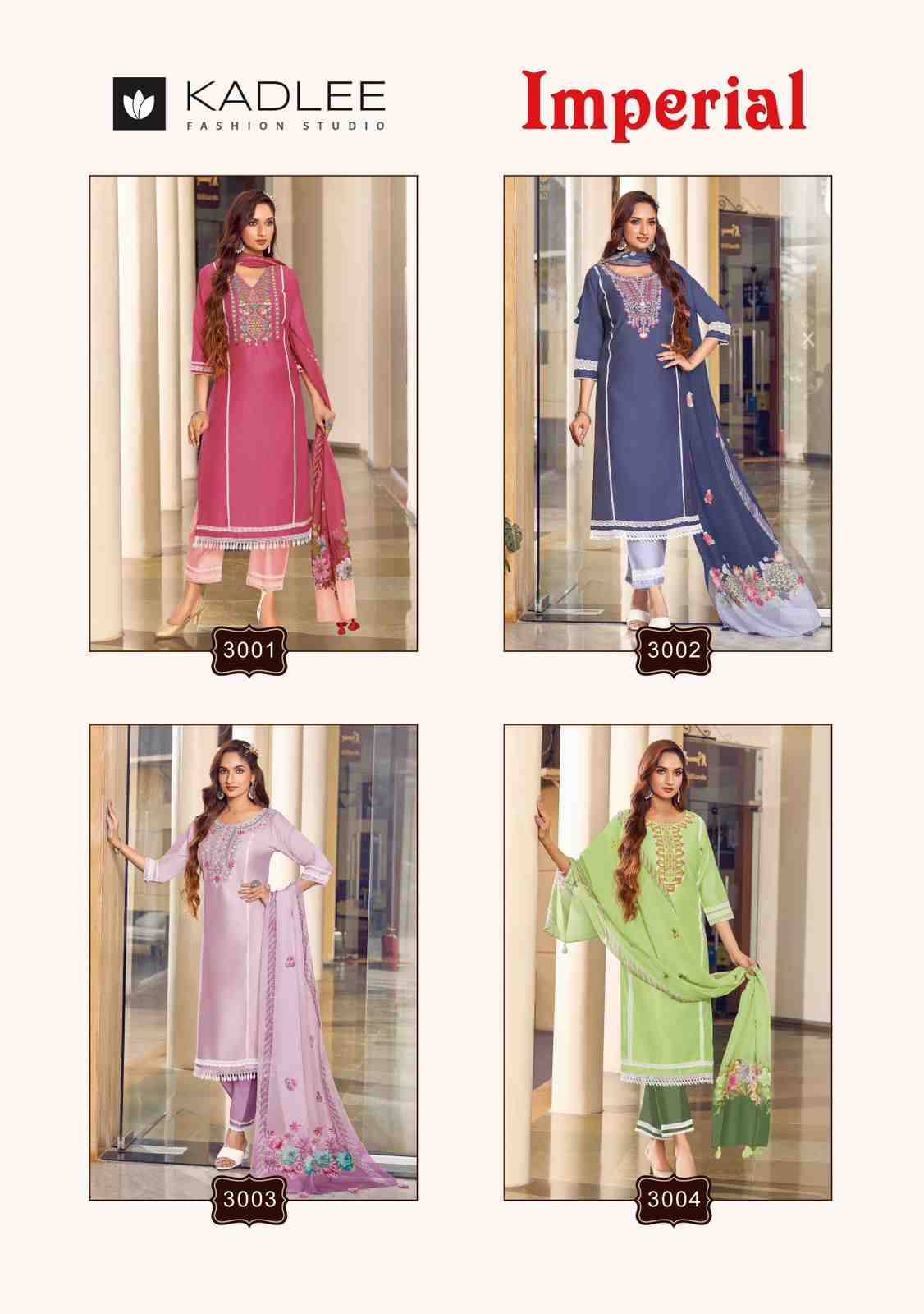 Imperial By Kadlee 3001 To 3004 Series Beautiful Festive Suits Colorful Stylish Fancy Casual Wear & Ethnic Wear Viscose Chanderi Dresses At Wholesale Price