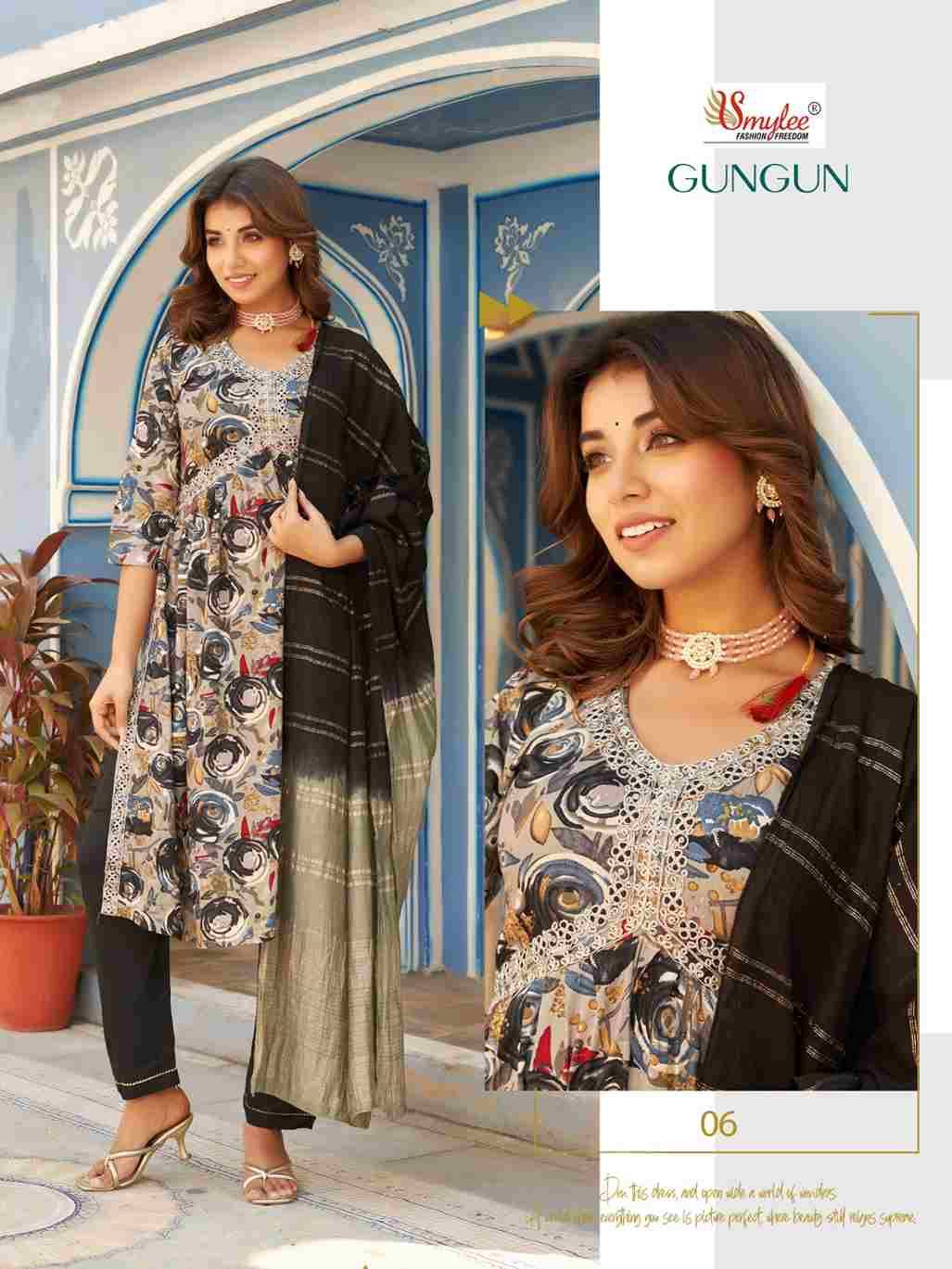 Gungun By Smylee 01 To 06 Series Designer Festive Suits Beautiful Fancy Stylish Colorful Party Wear & Occasional Wear Rayon Foil Print Embroidered Dresses At Wholesale Price