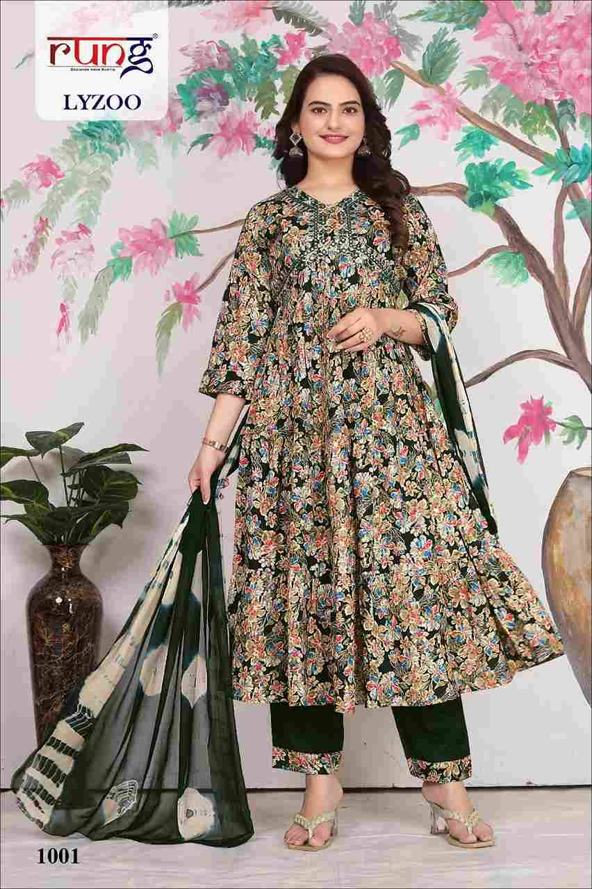 Lyzoo By Rung 1001 To 1006 Series Designer Festive Suits Beautiful Fancy Stylish Colorful Party Wear & Occasional Wear Rayon Foil Print Embroidered Dresses At Wholesale Price