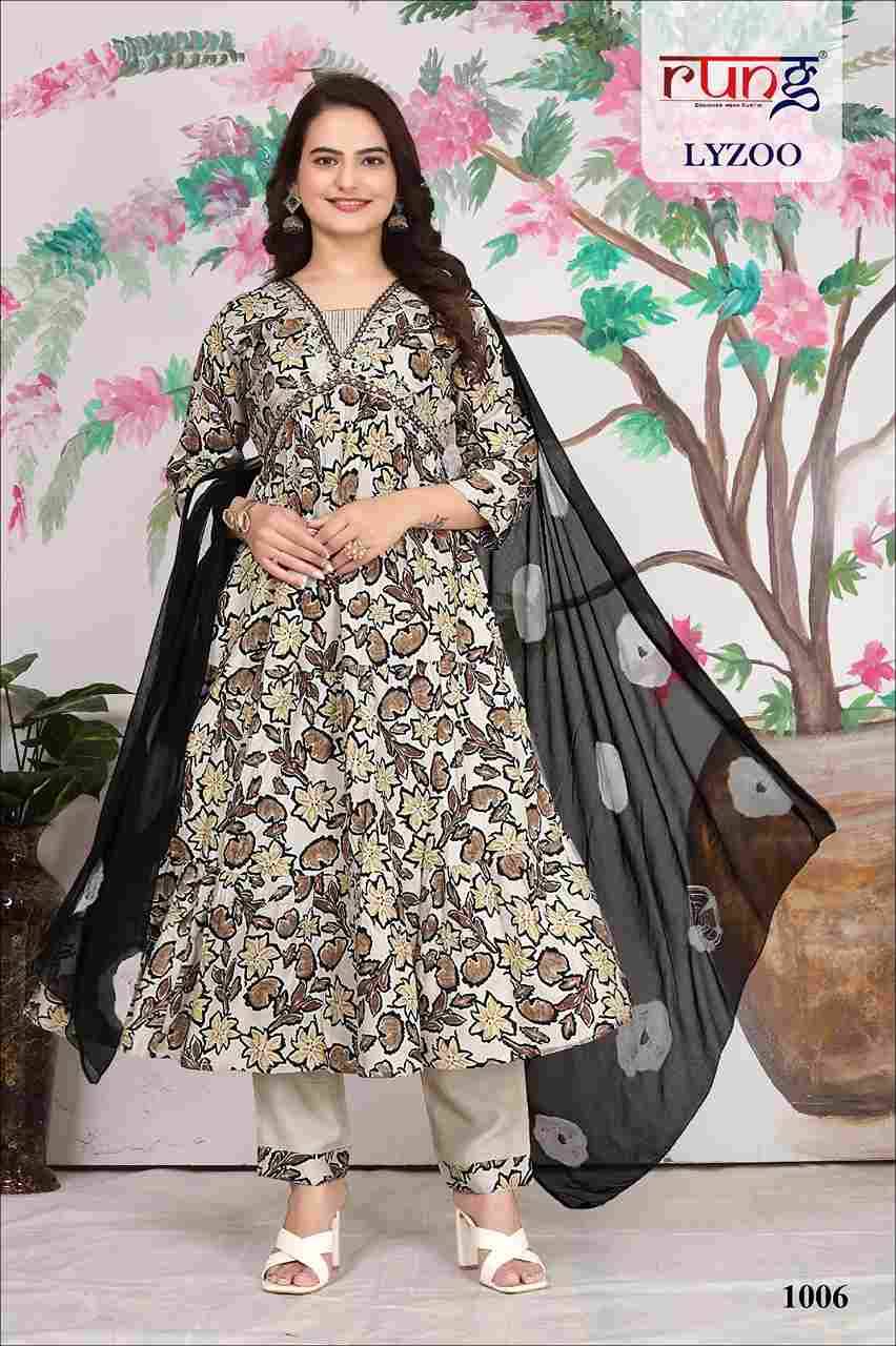 Lyzoo By Rung 1001 To 1006 Series Designer Festive Suits Beautiful Fancy Stylish Colorful Party Wear & Occasional Wear Rayon Foil Print Embroidered Dresses At Wholesale Price