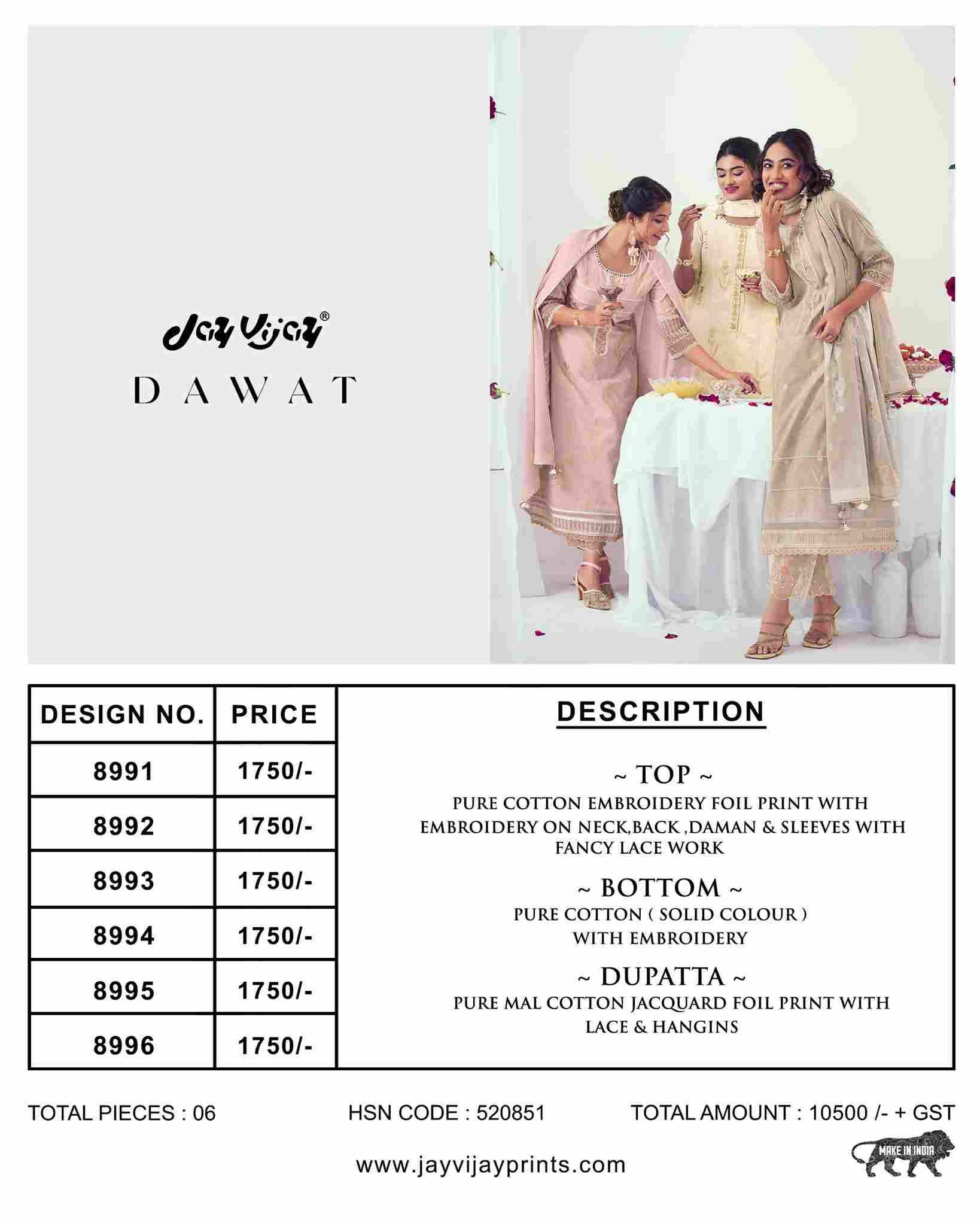 Dawat By Jay Vijay Prints 8991 To 8996 Series Designer Festive Suits Beautiful Fancy Stylish Colorful Party Wear & Occasional Wear Pure Cotton Print Dresses At Wholesale Price