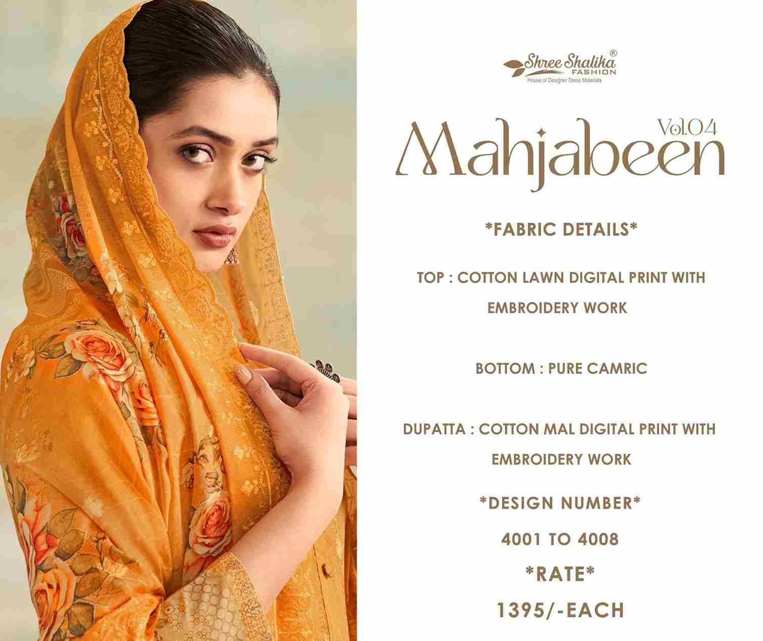 Mahjabeen Vol-4 By Shree Shalika Fashion 4001 To 4008 Series Designer Festive Suits Beautiful Fancy Stylish Colorful Party Wear & Occasional Wear Lawn Cotton Print Dresses At Wholesale Price