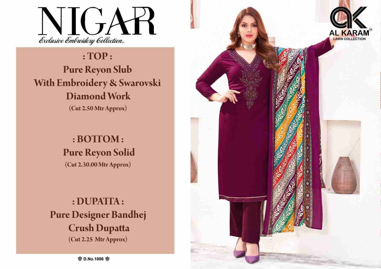 Nigar By Al Karam Lawn Collection 1001 To 1006 Series Beautiful Festive Suits Stylish Fancy Colorful Casual Wear & Ethnic Wear Pure Rayon Slub Dresses At Wholesale Price